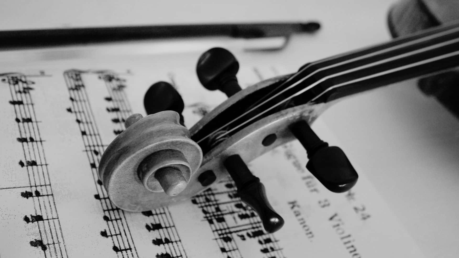 violin's scroll, sheet music, bow, Full HD Desktop Wallpaper