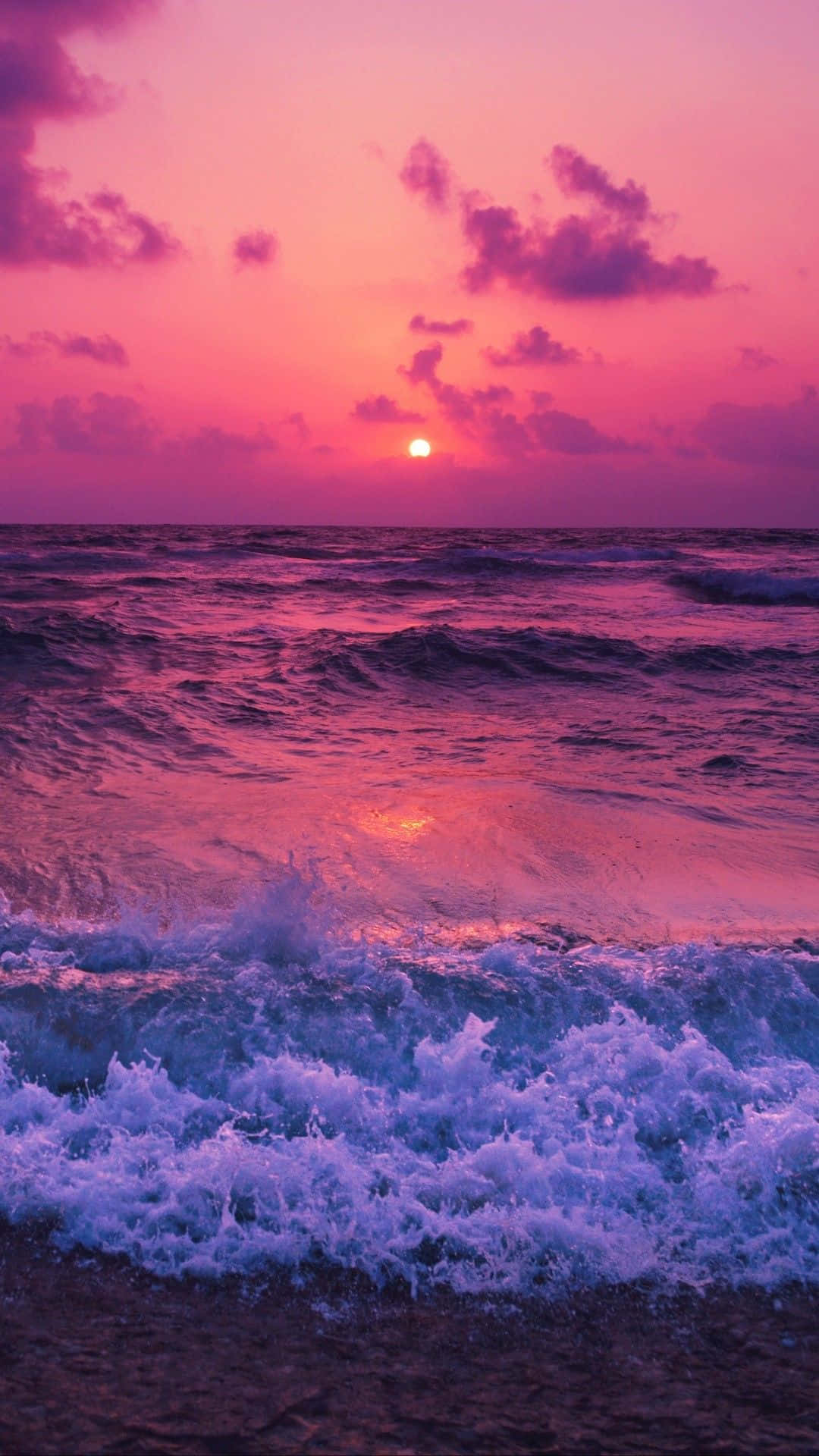 vibrant pink and purple sunset, ocean, waves crashing onto the shore, Full HD Phone Wallpaper