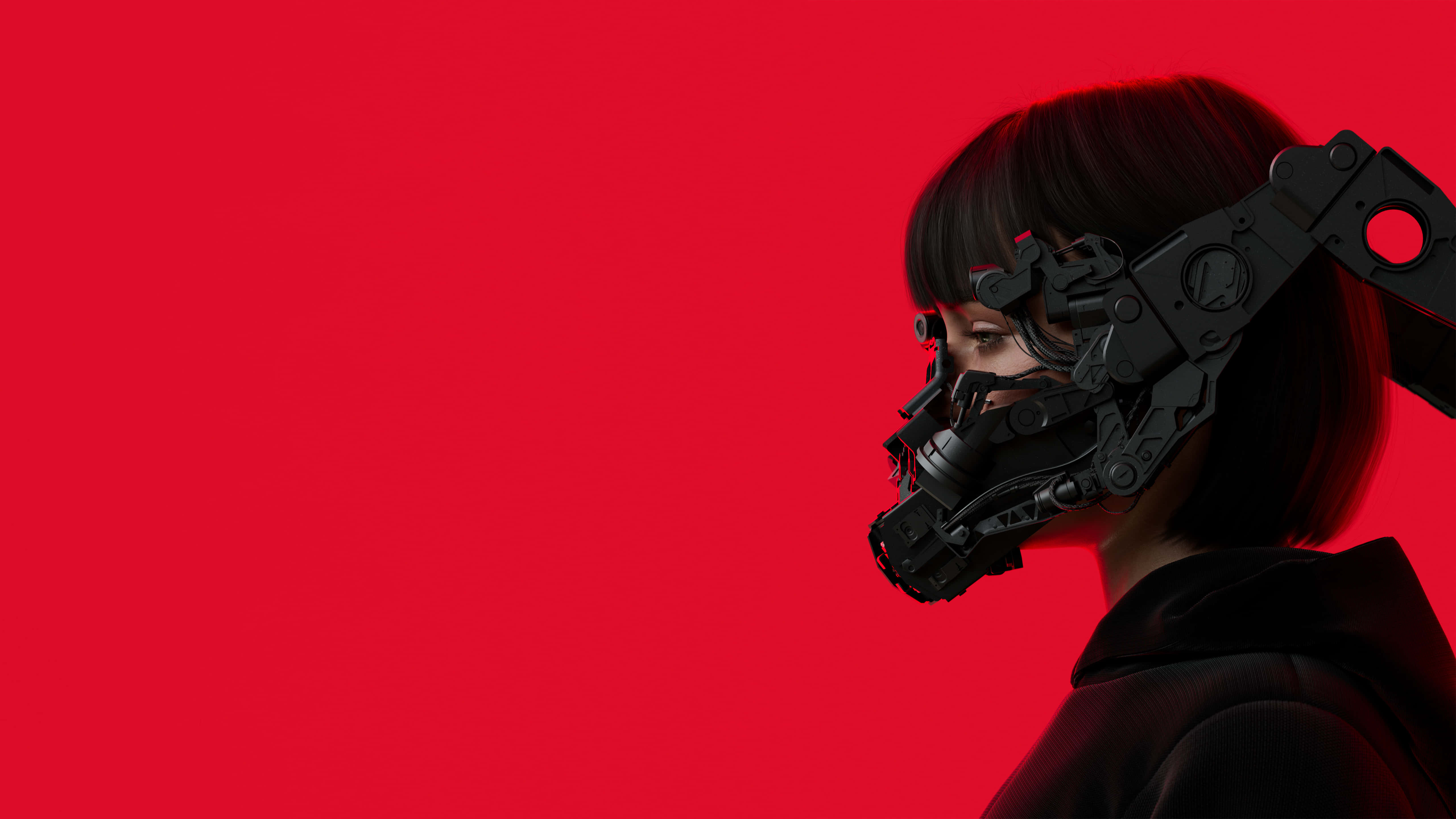 cyberpunk aesthetic, black mechanical mask, solid red background, 5K Desktop Wallpaper