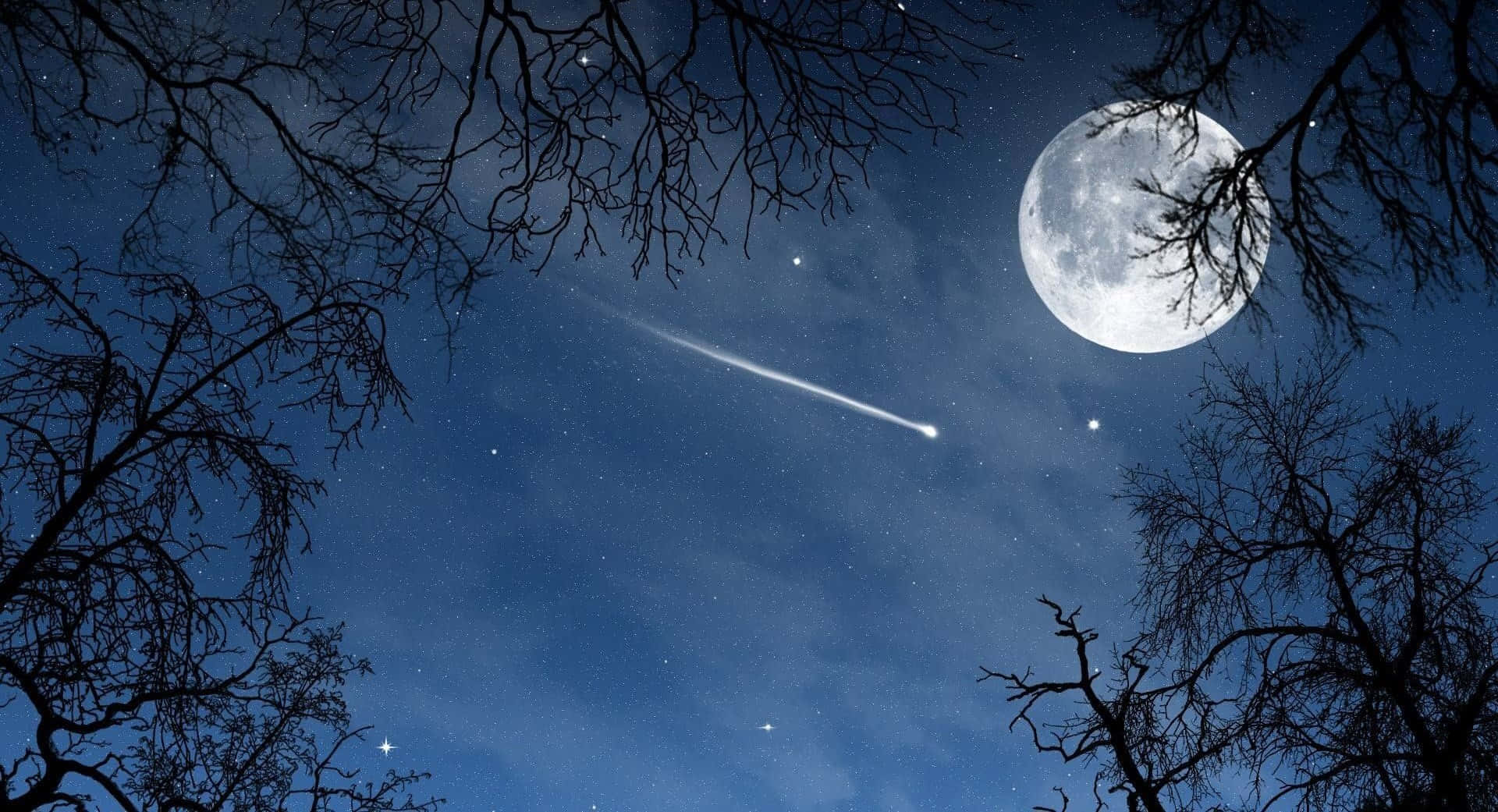 Aesthetic Night Sky, moon, shooting star, Full HD Desktop Wallpaper