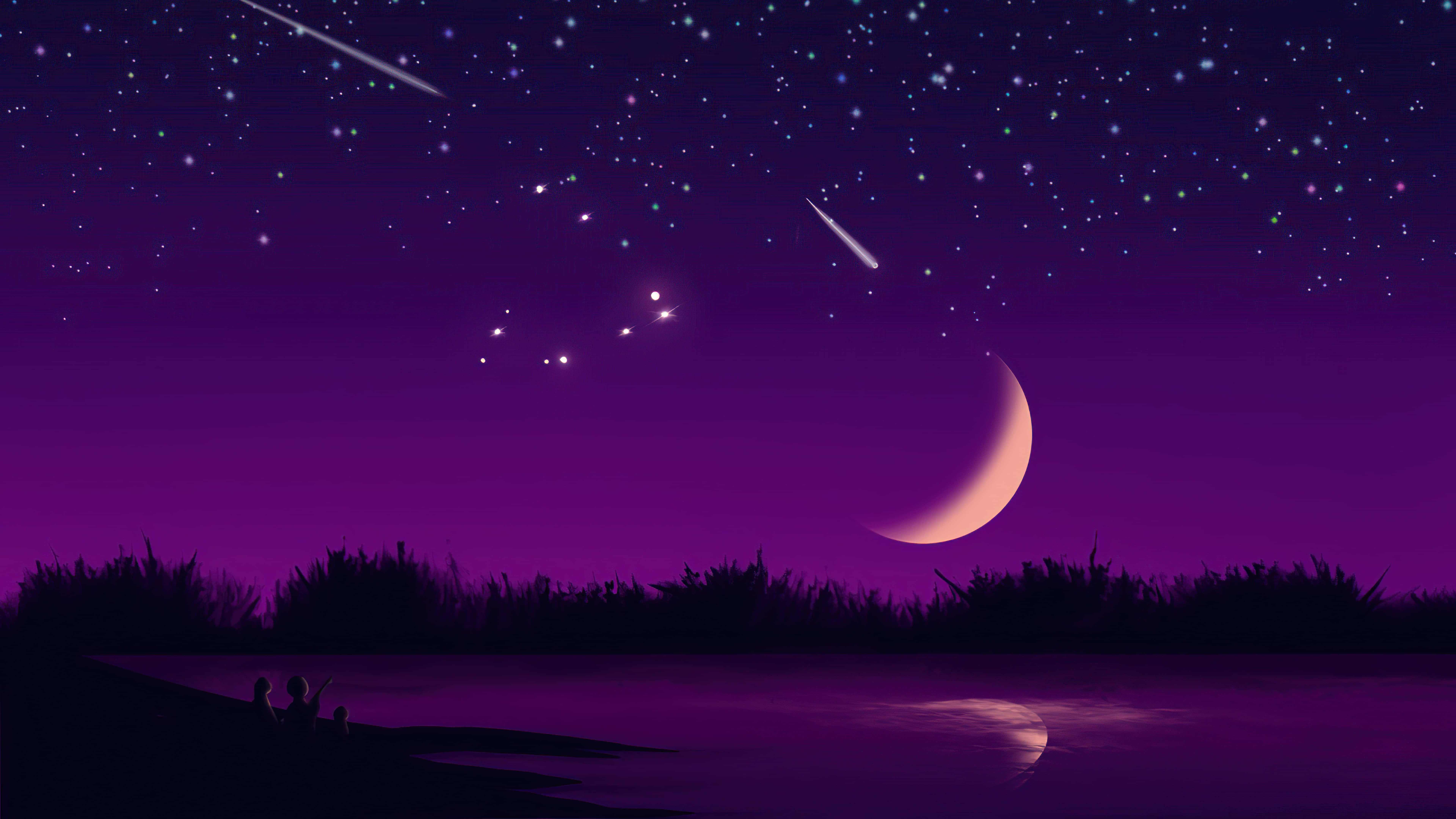 vibrant purple night sky, stars, meteors, 8K Desktop Wallpaper