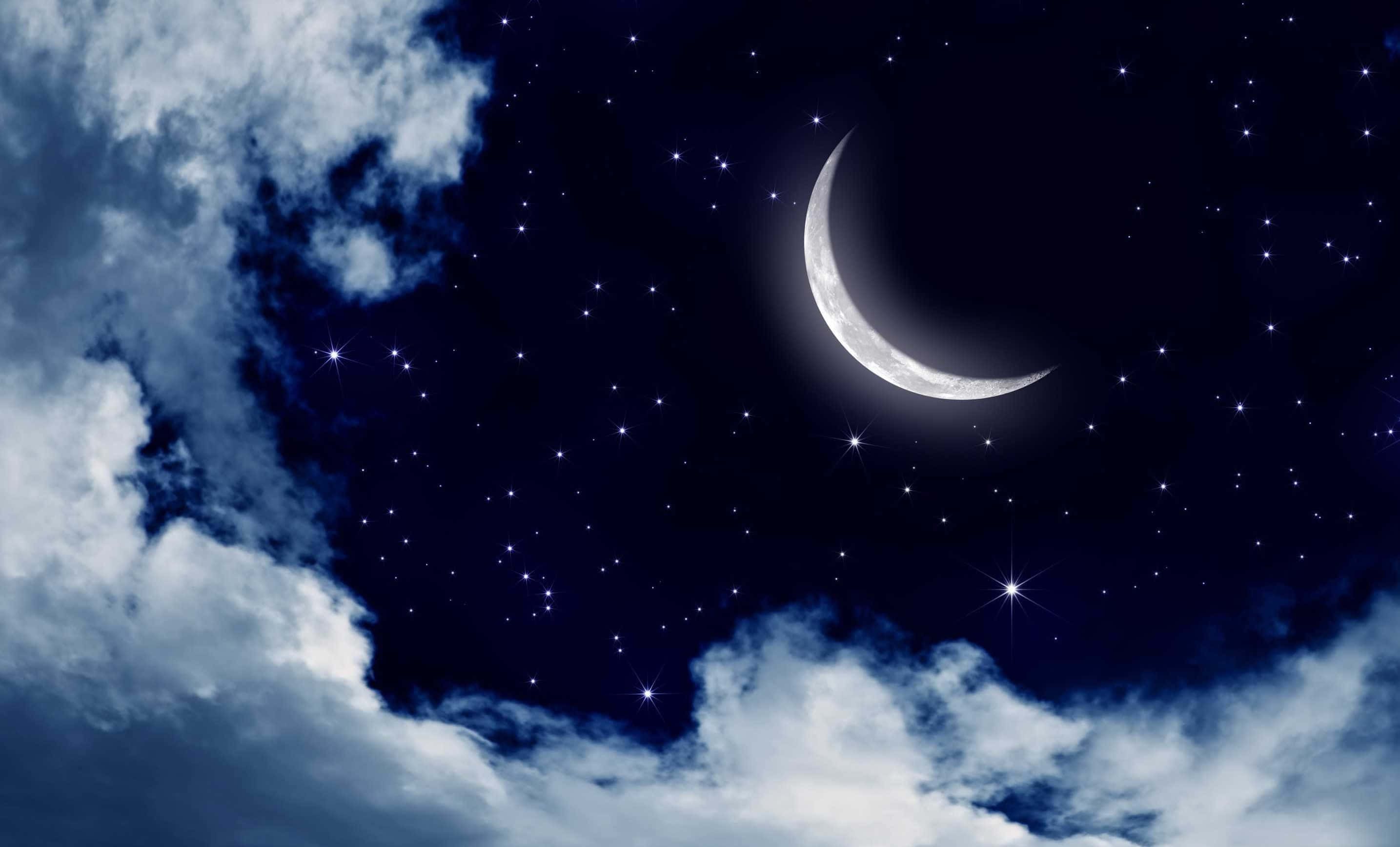 crescent moon, twinkling stars, soft blue clouds, 2K Desktop Wallpaper