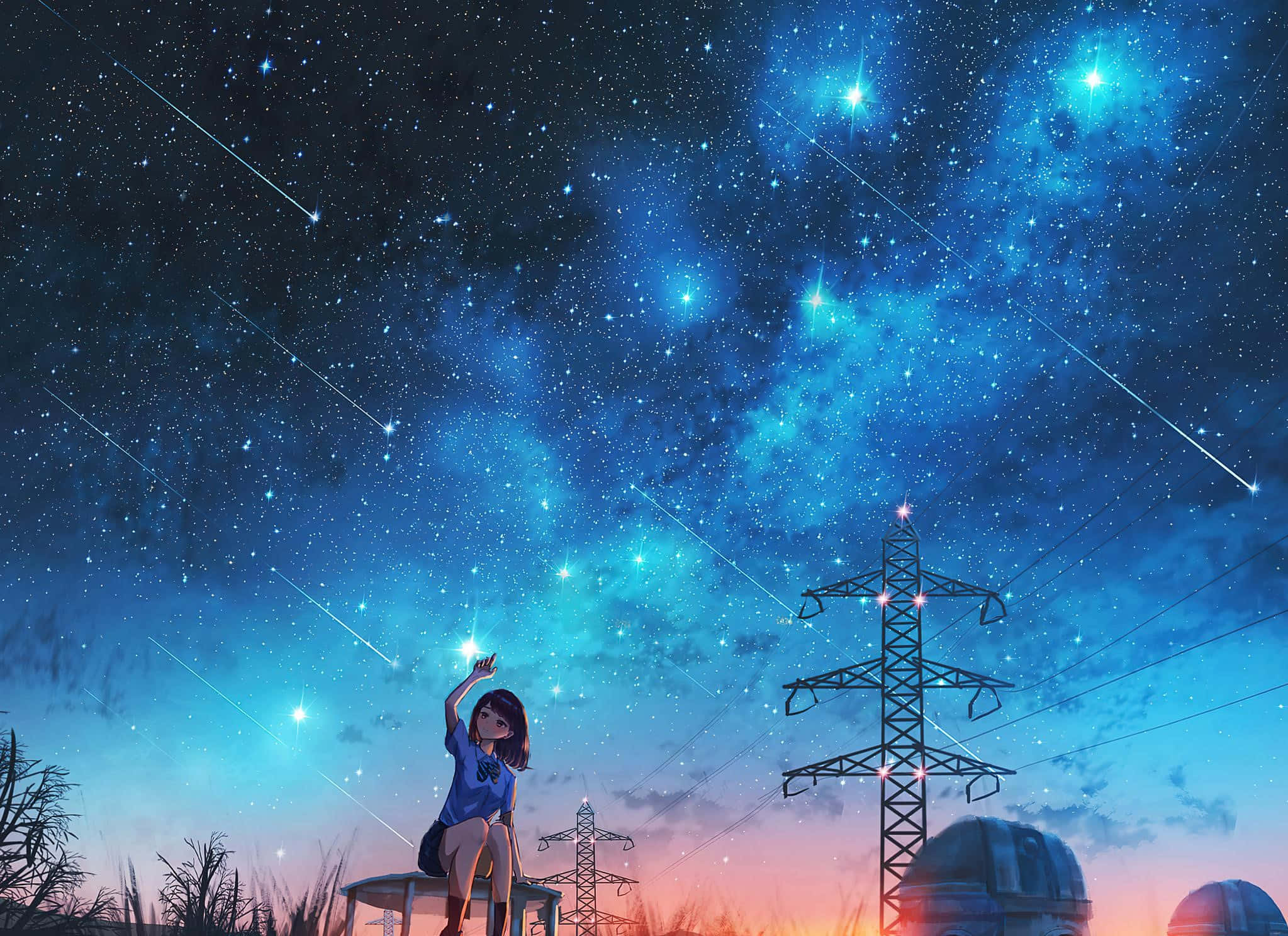 Aesthetic Night Sky, starry sky, shooting stars, Full HD Desktop Wallpaper