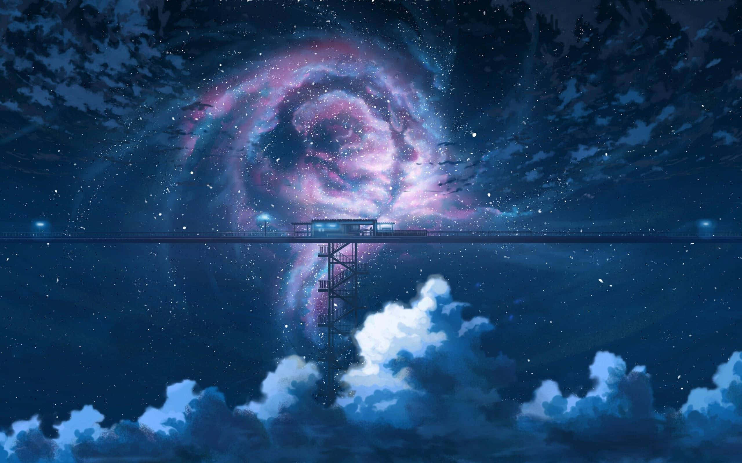 Aesthetic Night Sky, cosmic nebula, pier, 2K Desktop Wallpaper