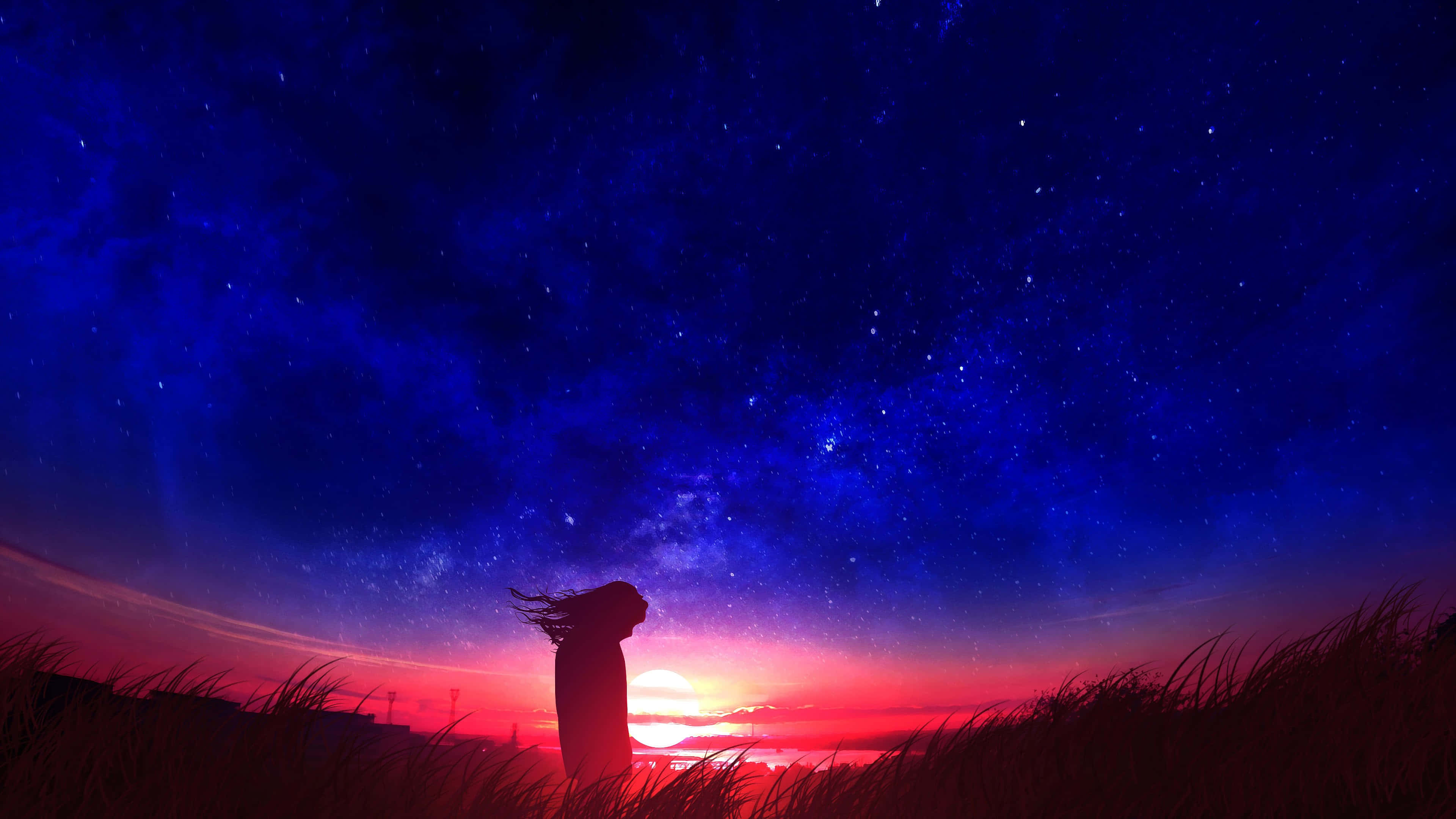 Aesthetic Night Sky, silhouette, vibrant sunset sky, 4K Desktop Wallpaper