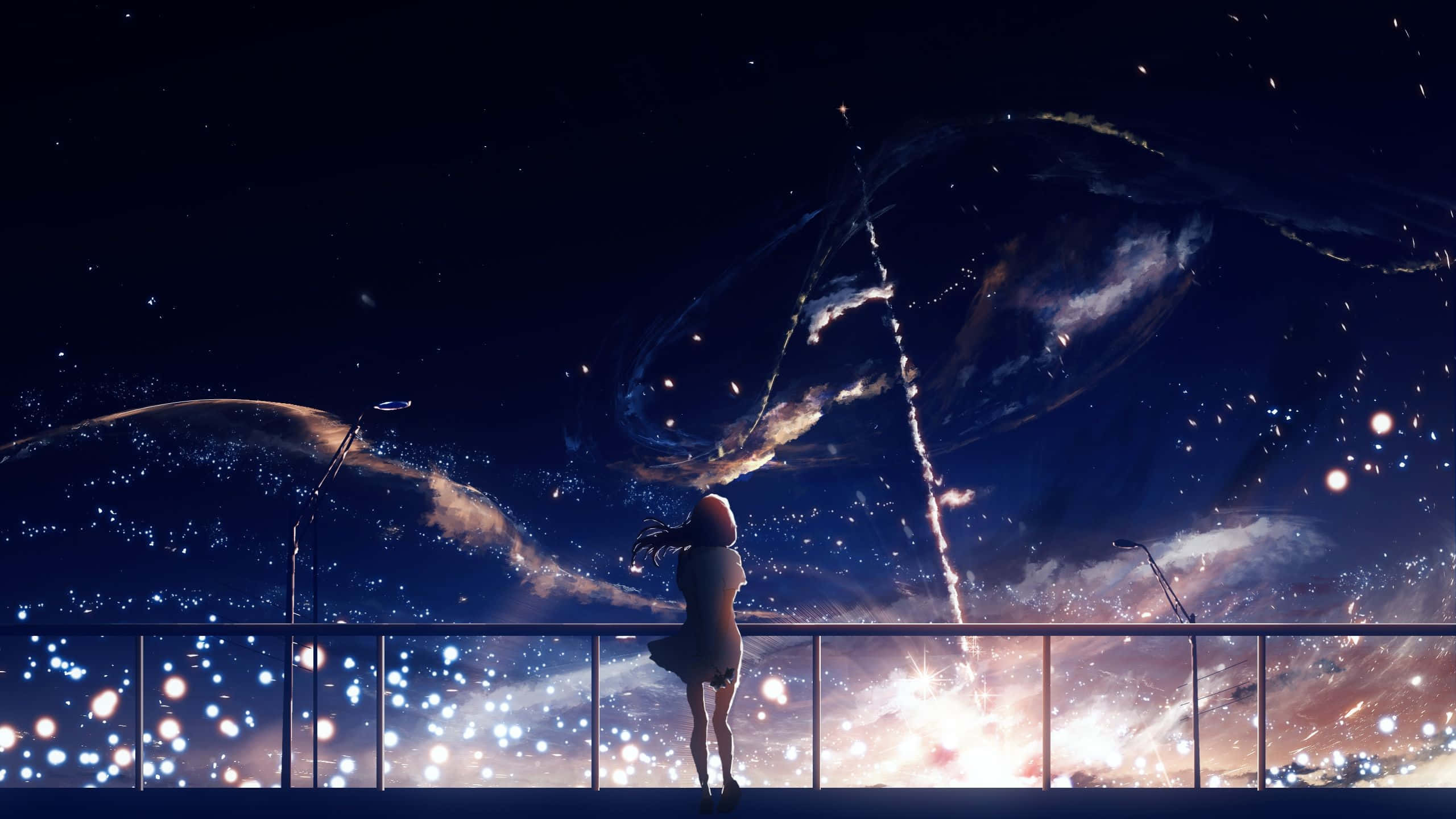 aesthetic night sky, anime girl, bridge, 2K Desktop Wallpaper