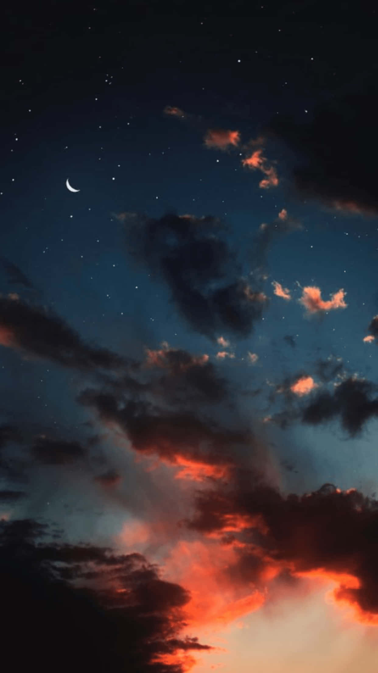 crescent moon, stars, clouds, Full HD Phone Wallpaper