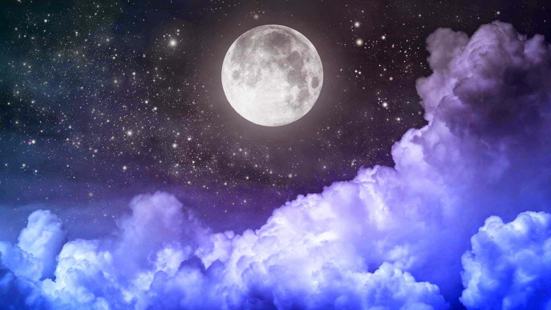 Aesthetic Night Sky, full moon, swirling purple and blue clouds, Full HD Desktop Wallpaper