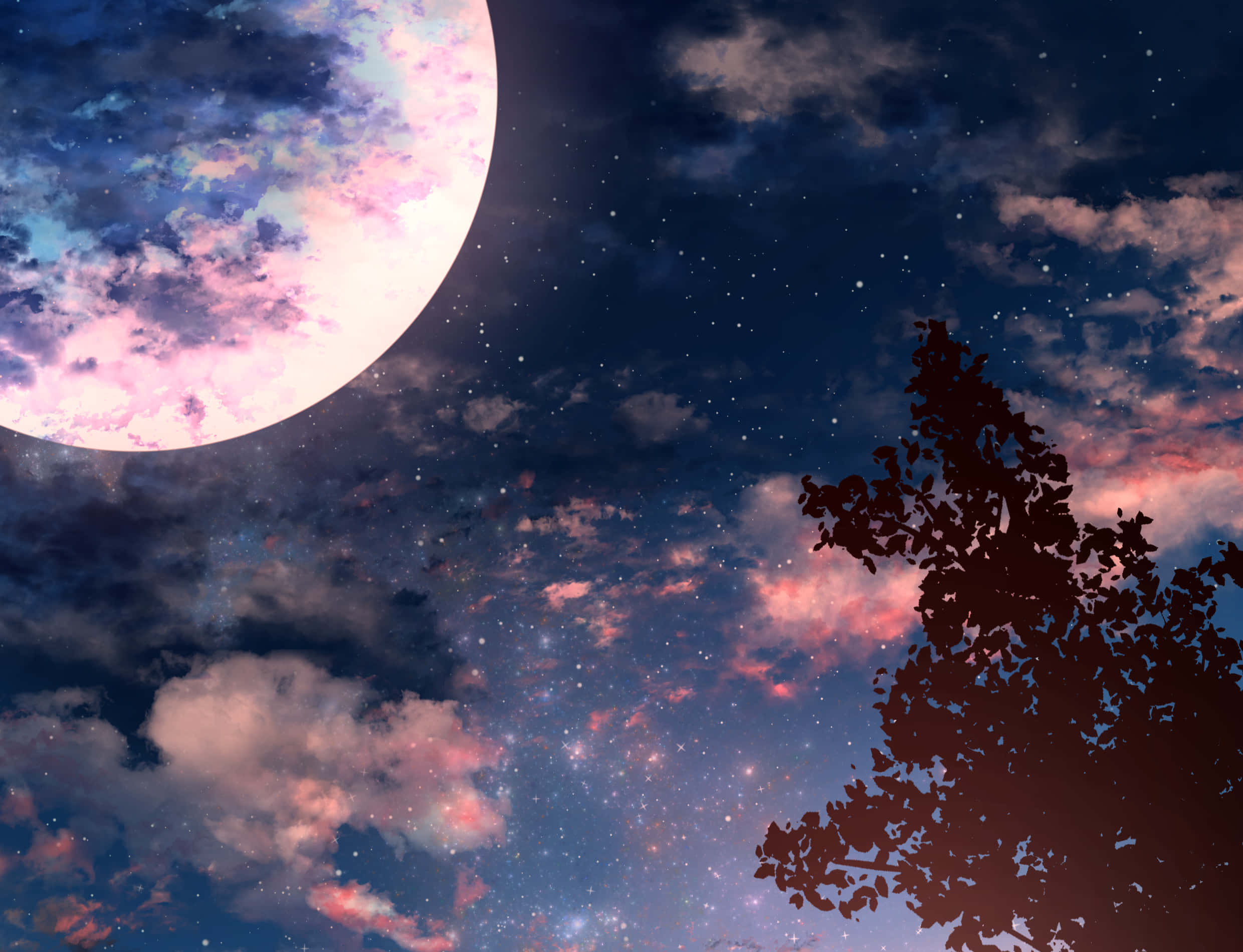 Aesthetic Night Sky, luminous pink and blue moon, clouds, Full HD Desktop Wallpaper