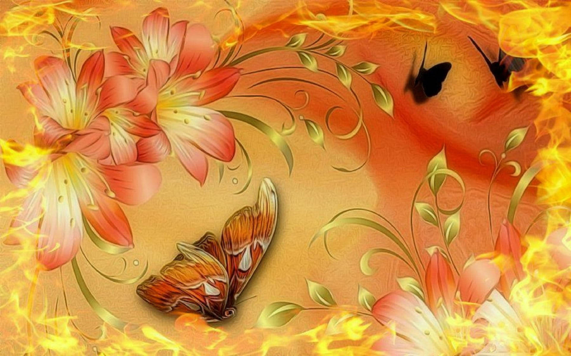 Aesthetic Orange Butterfly, vibrant orange lilies, butterflies, Full HD Desktop Wallpaper