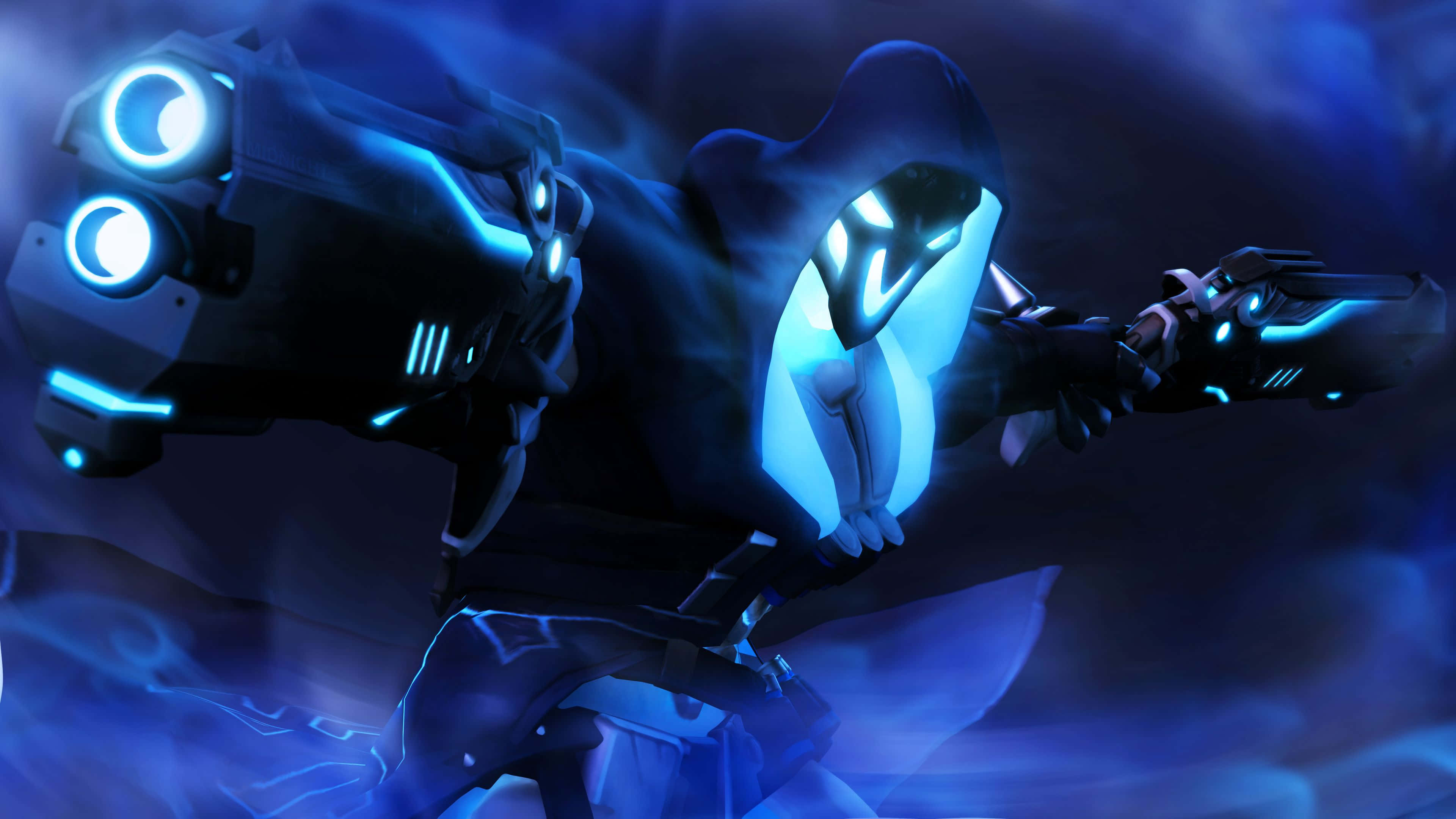 Aesthetic Overwatch, glowing blue eyes, futuristic weapons, 4K Desktop Wallpaper