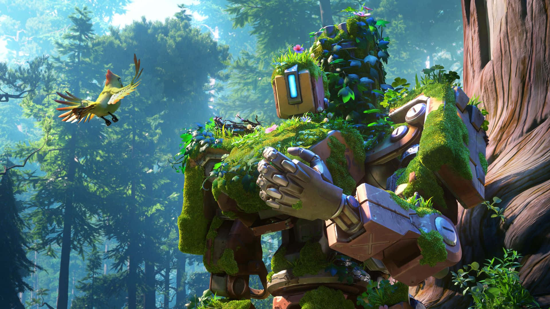Aesthetic Overwatch, robotic giant, sunlit forest, Full HD Desktop Wallpaper