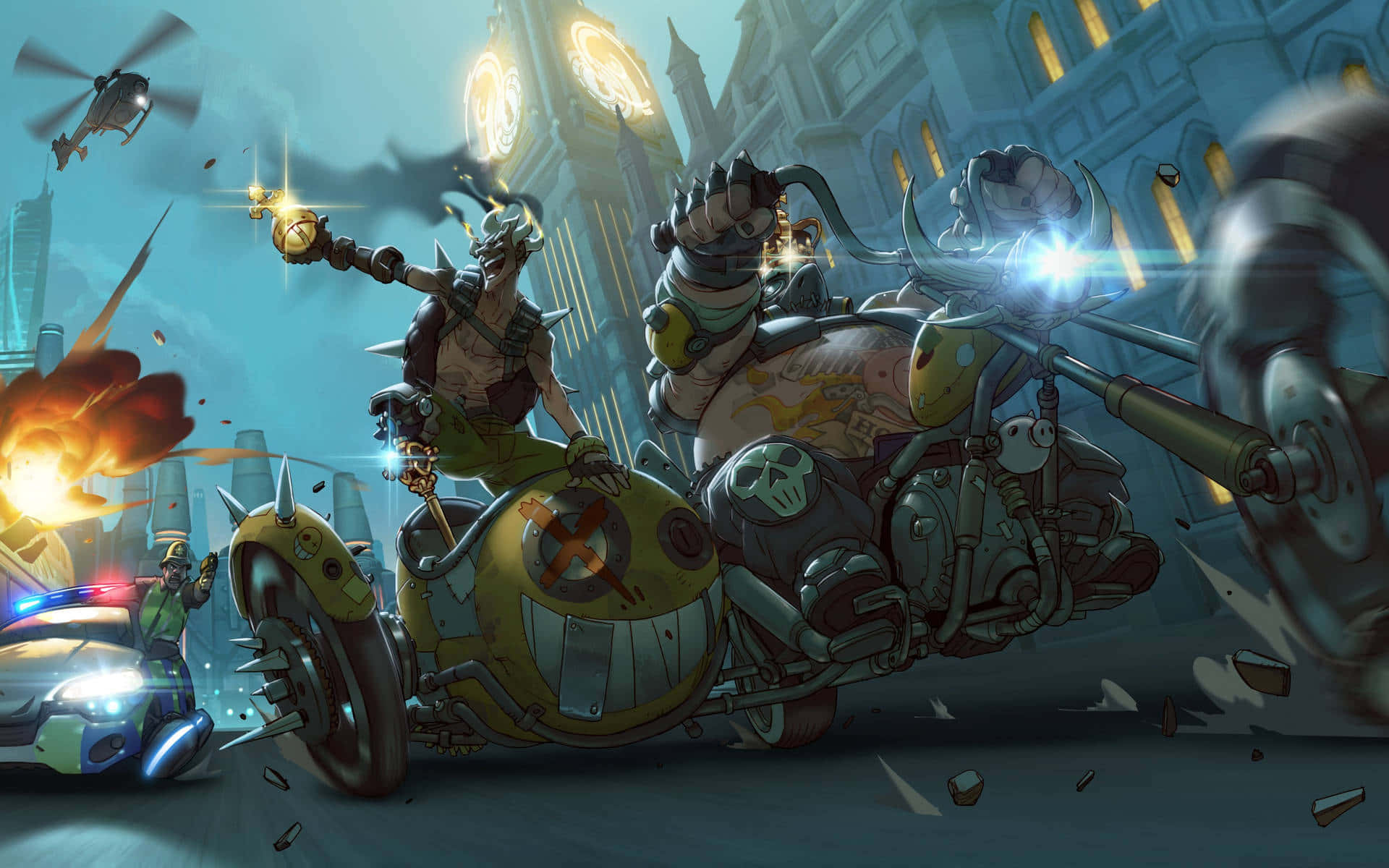 Aesthetic Overwatch, steampunk motorcycle chase, gothic city, Full HD Desktop Wallpaper