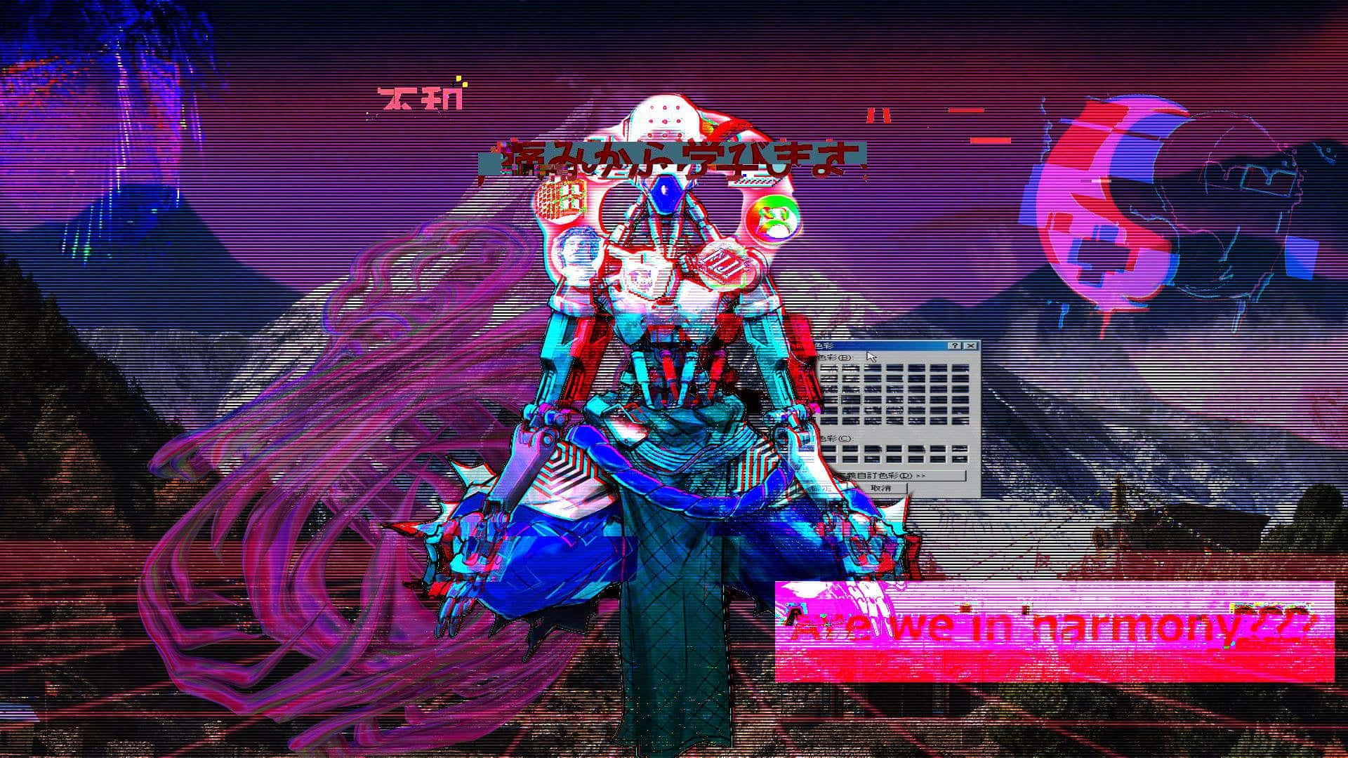 Aesthetic Overwatch, glitchy cybernetic figure, flowing pink hair, Full HD Desktop Wallpaper
