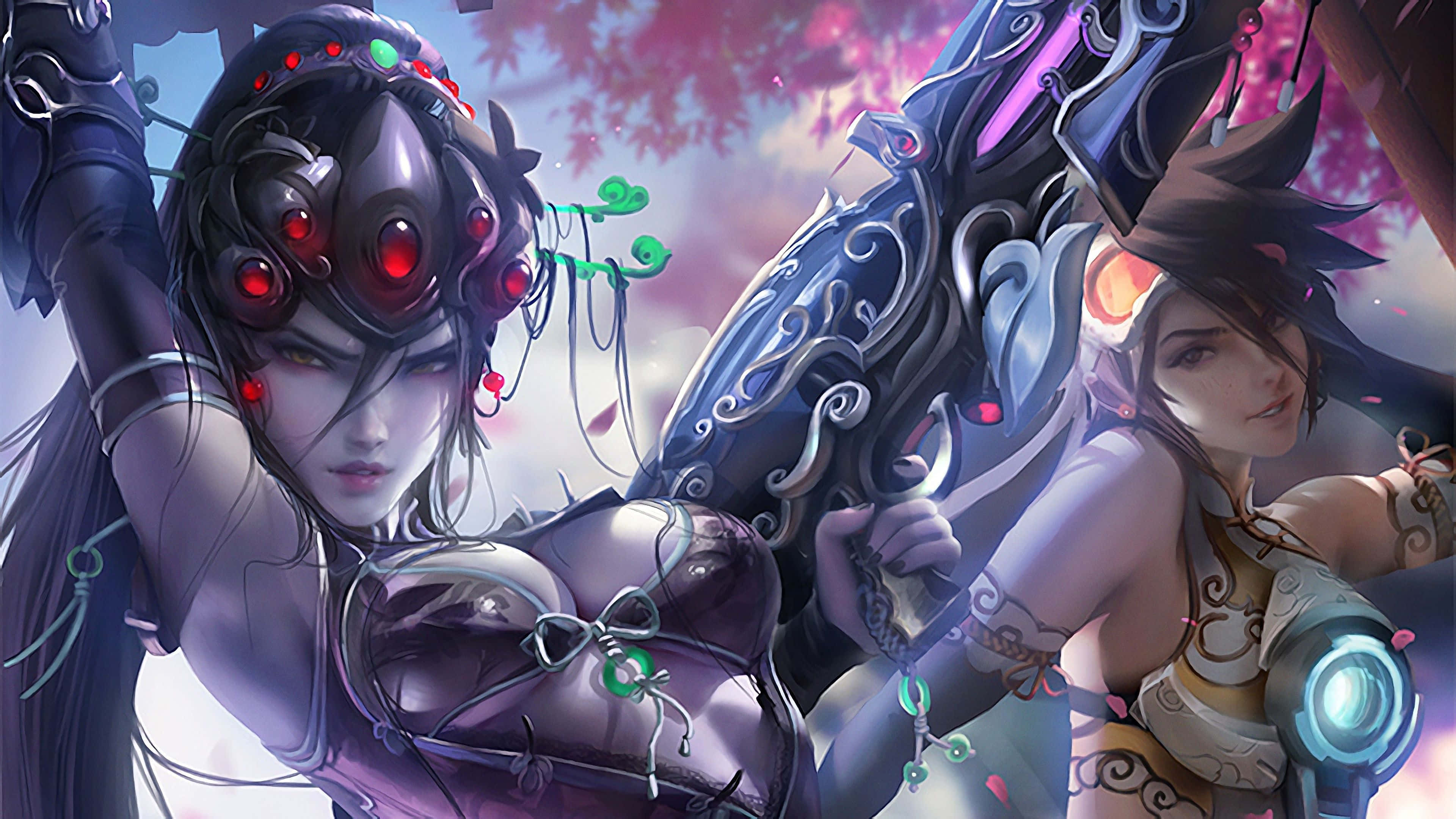 Aesthetic Overwatch, cyberpunk anime women, glowing red eyes, 4K Desktop Wallpaper
