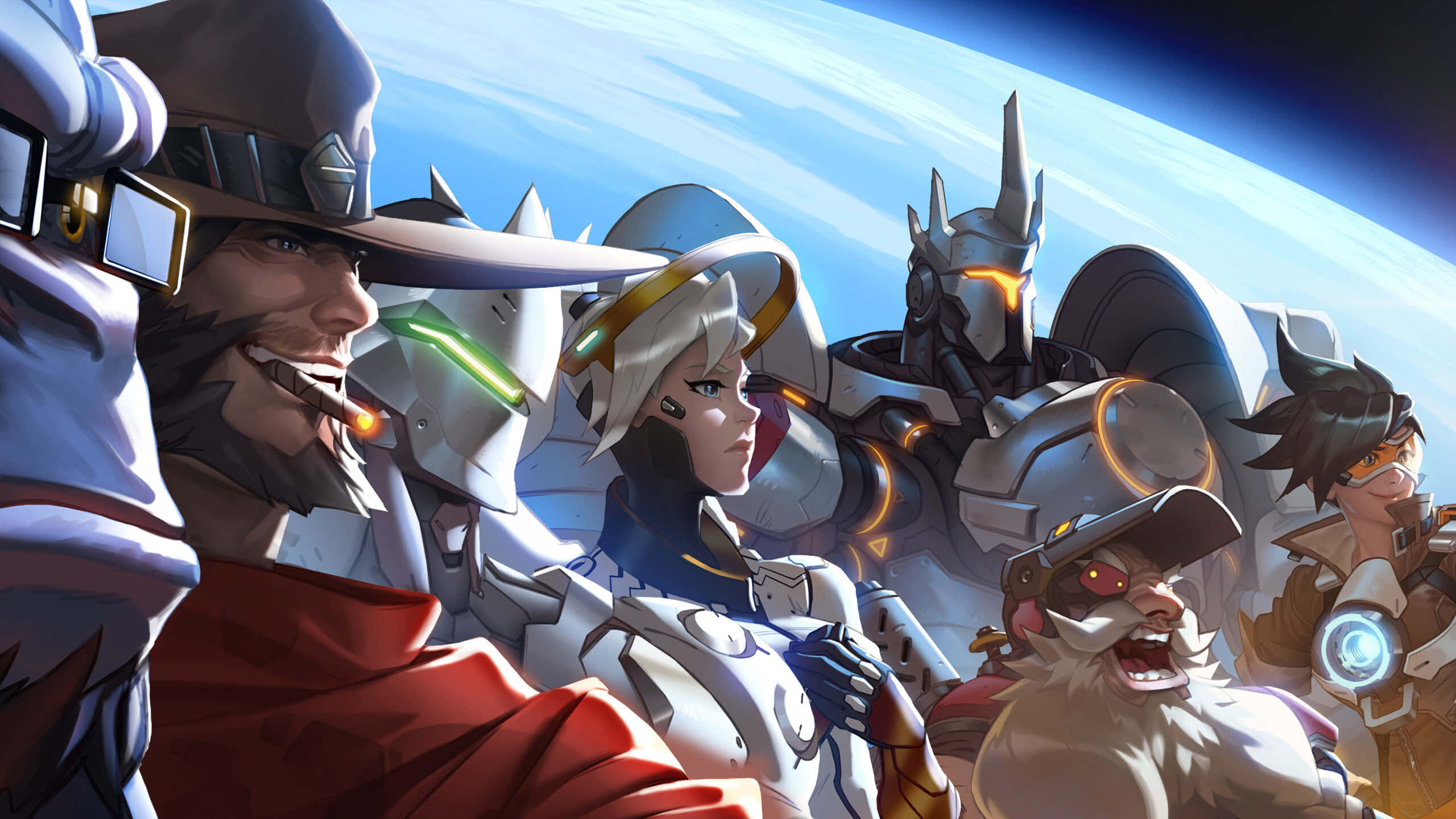 Overwatch, futuristic armor, Earth's curved horizon, 2K Desktop Wallpaper