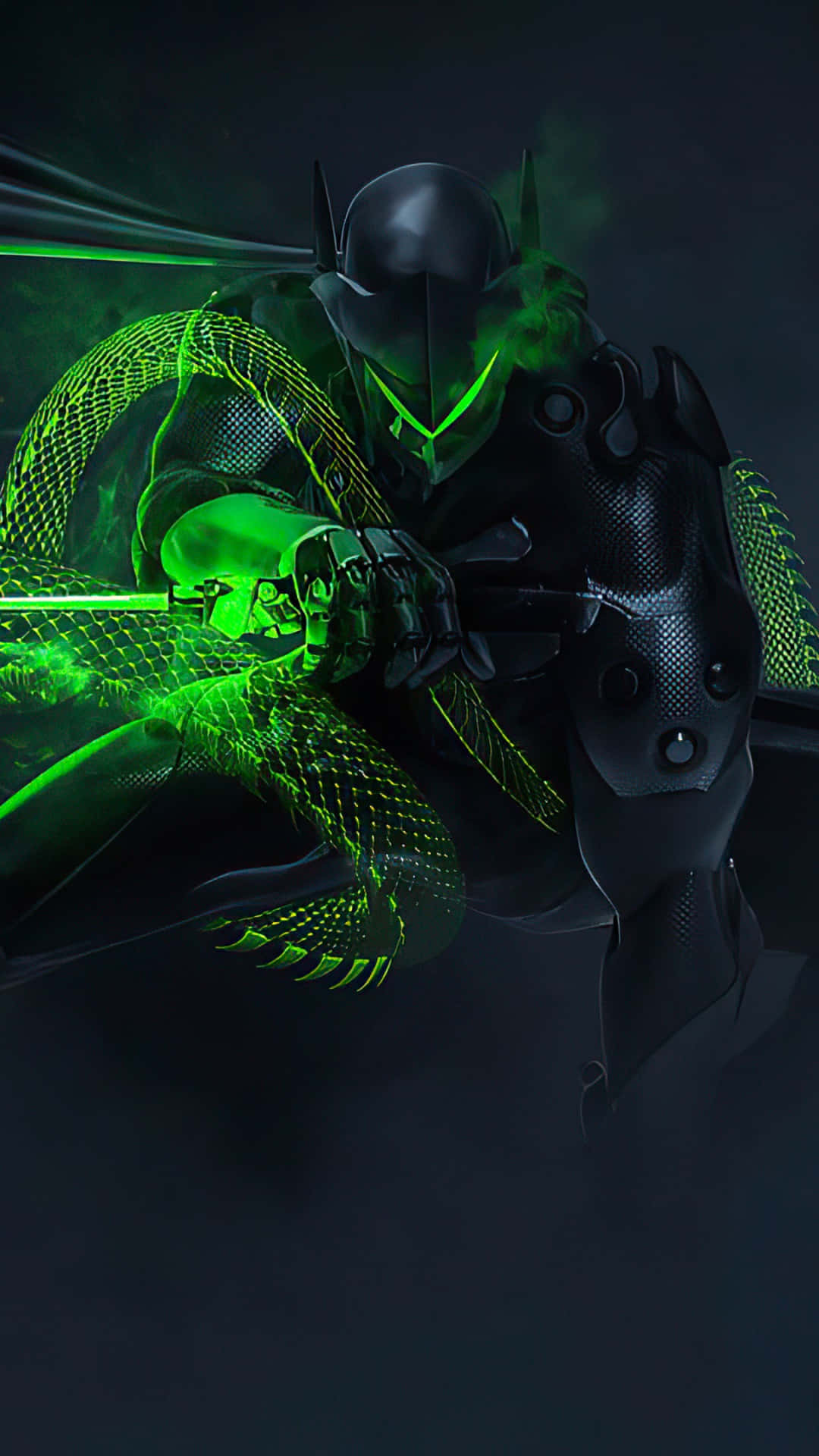 Overwatch, dark armored figure, glowing green energy tendrils, Full HD Phone Wallpaper