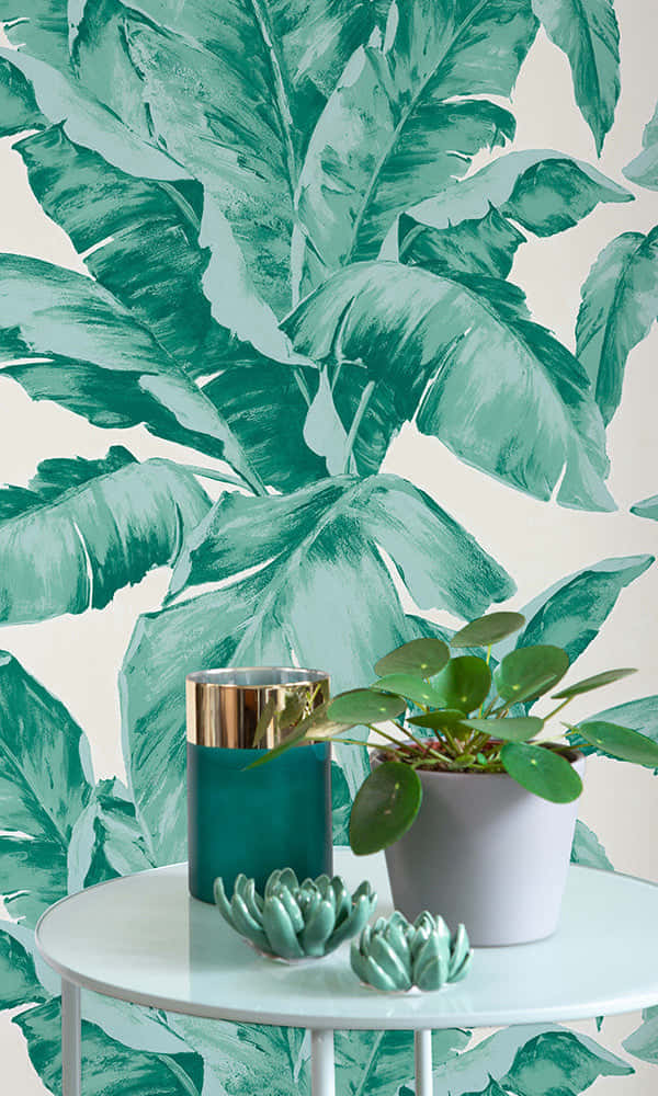 aesthetic palm leaves, teal banana leaf wallpaper, white table, SD Phone Wallpaper