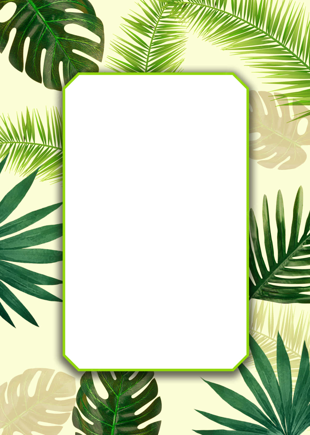 tropical palm leaves, white rectangle, pale yellow background, HD Phone Wallpaper