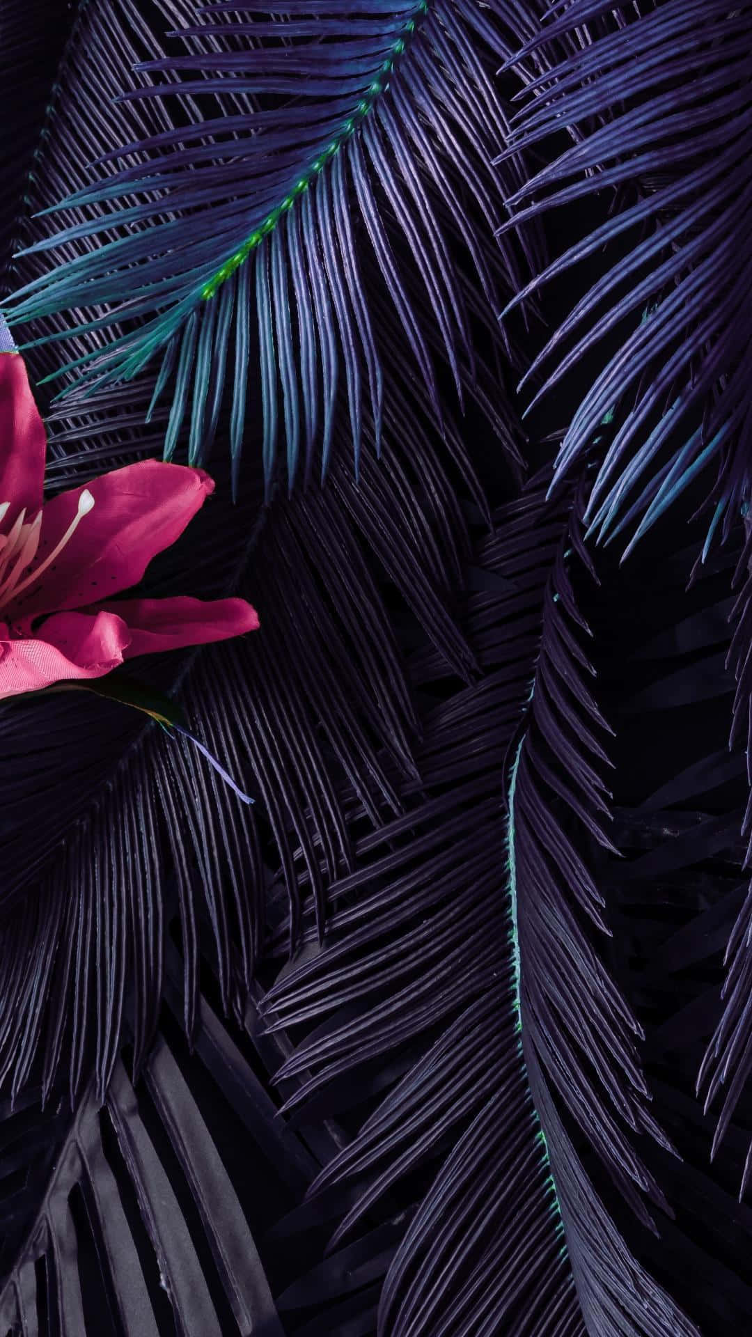 palm fronds, glowing green veins, vibrant pink lily blooms, Full HD Phone Wallpaper