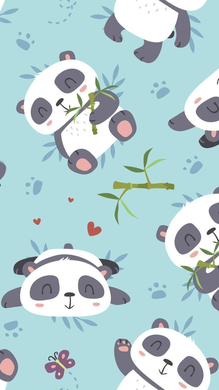 cute blue aesthetic panda, cartoon pandas, bamboo, HD Phone Wallpaper