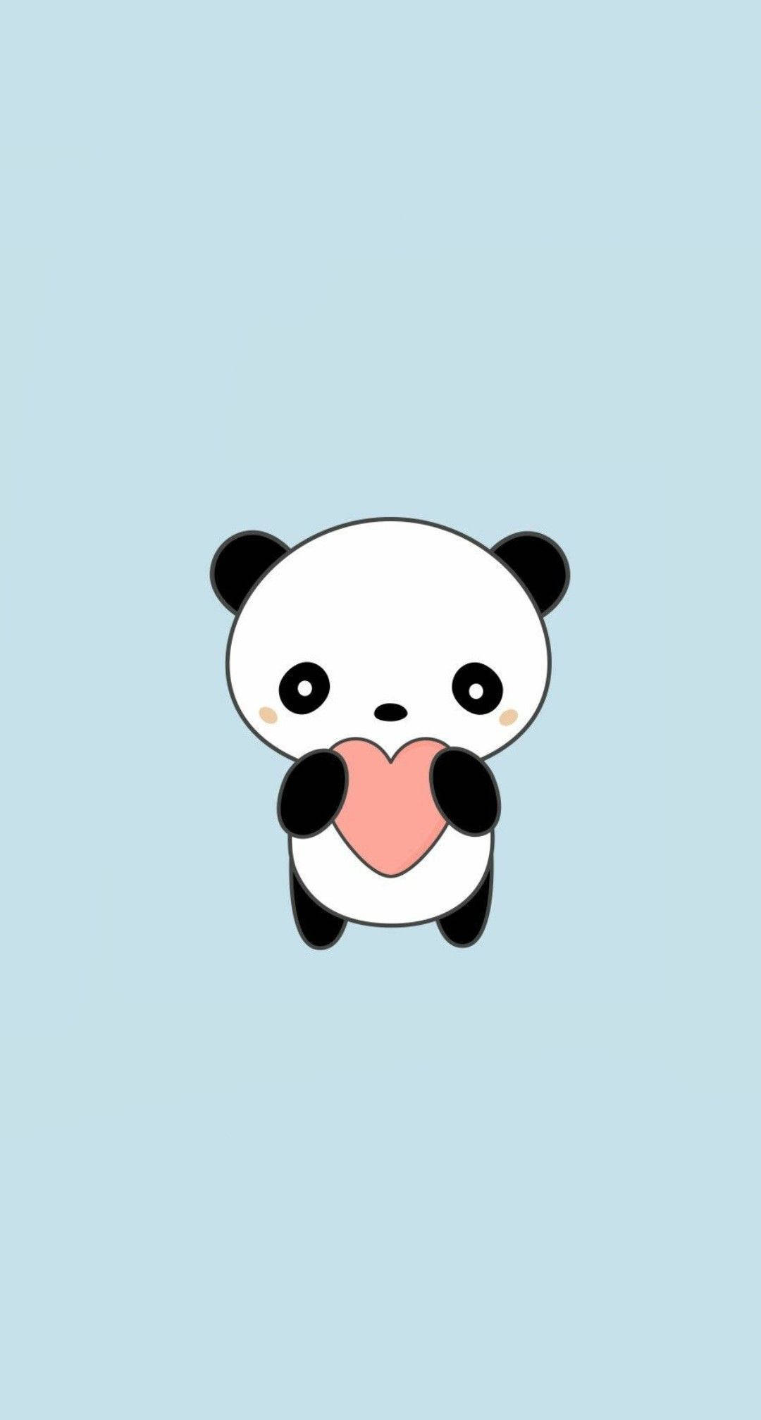 Aesthetic Panda, pink heart, soft blue background, Full HD Phone Wallpaper