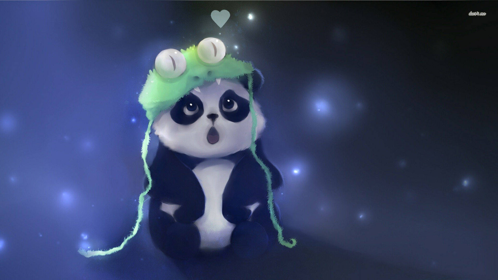 cute cartoon panda, glowing green frog hat, eyes, Full HD Desktop Wallpaper