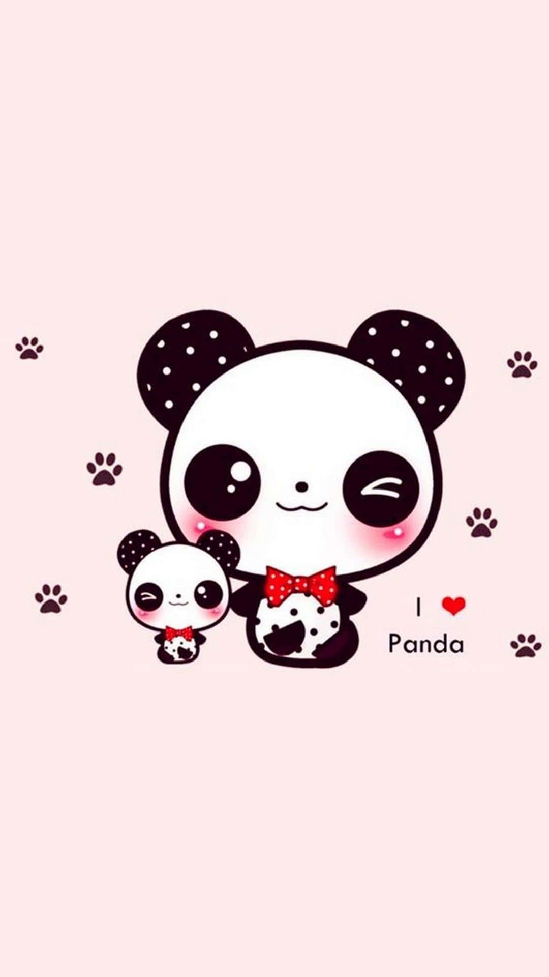 cute cartoon panda, red bows, soft pink background, Full HD Phone Wallpaper