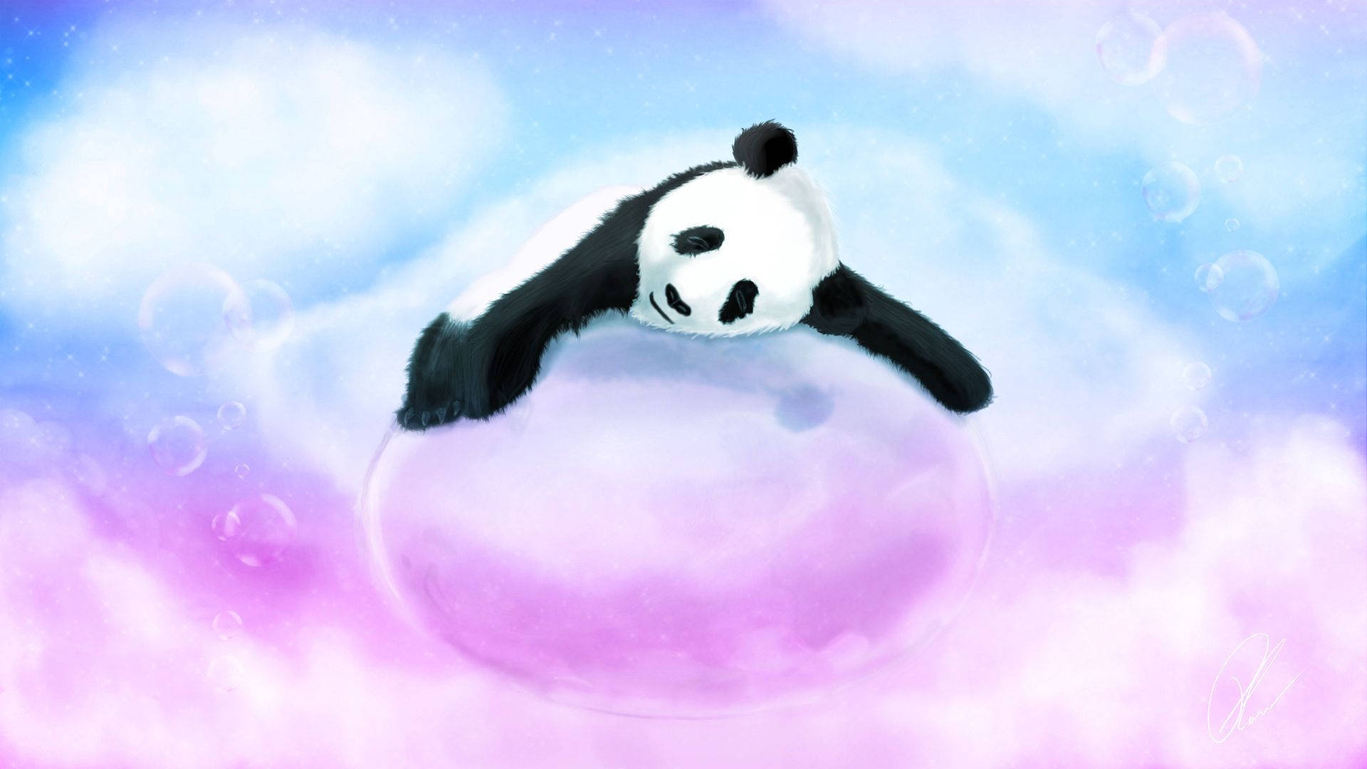 cute panda, giant bubble, pastel clouds, Full HD Desktop Wallpaper