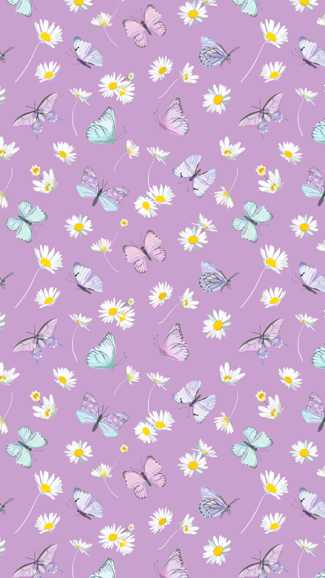 pastel daisy butterfly pattern, lavender, white daisies, Full HD Phone Wallpaper