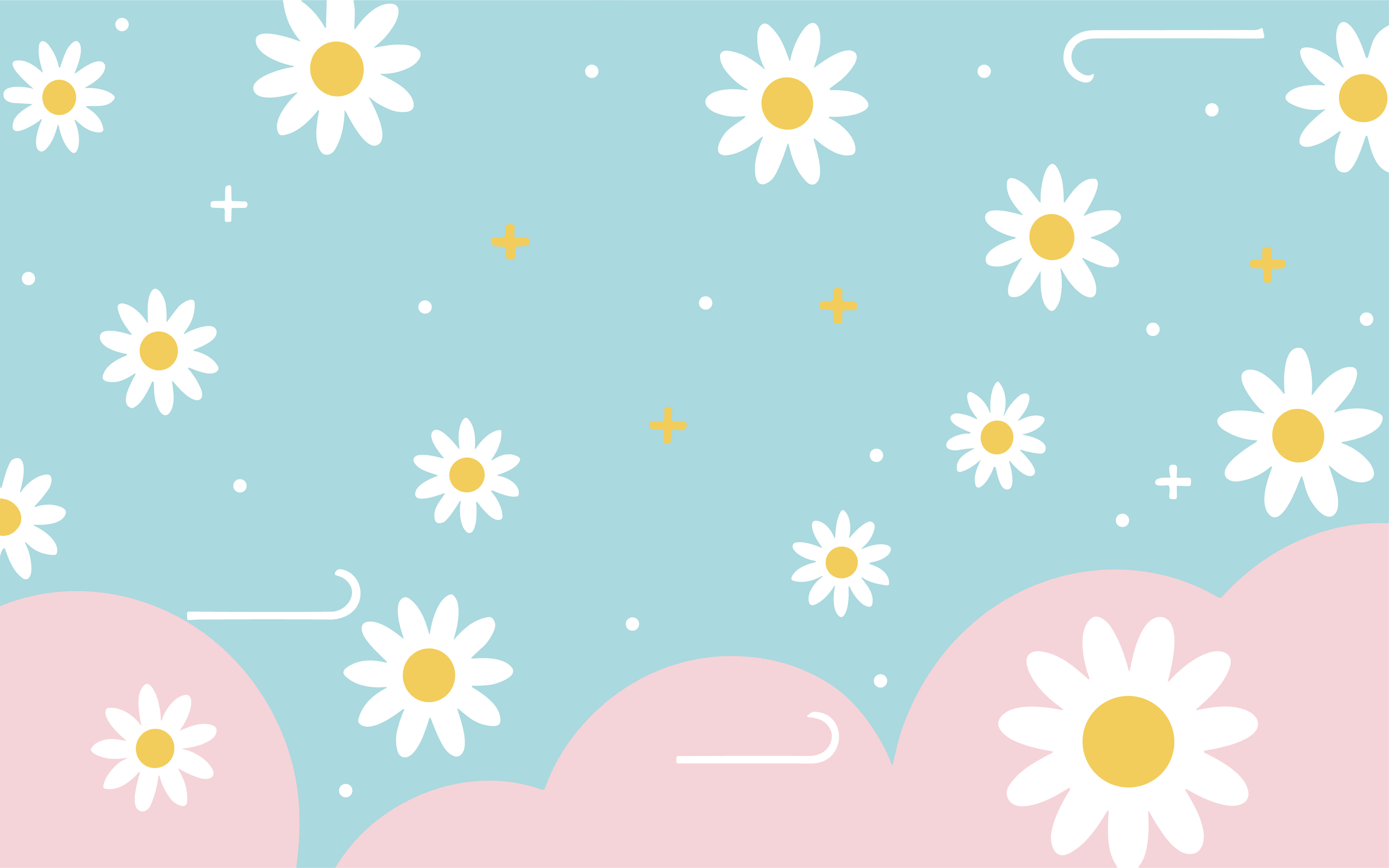 Pastel Daisy Sky Aesthetic, white daisies with yellow centers, soft pink clouds, 5K Desktop Wallpaper