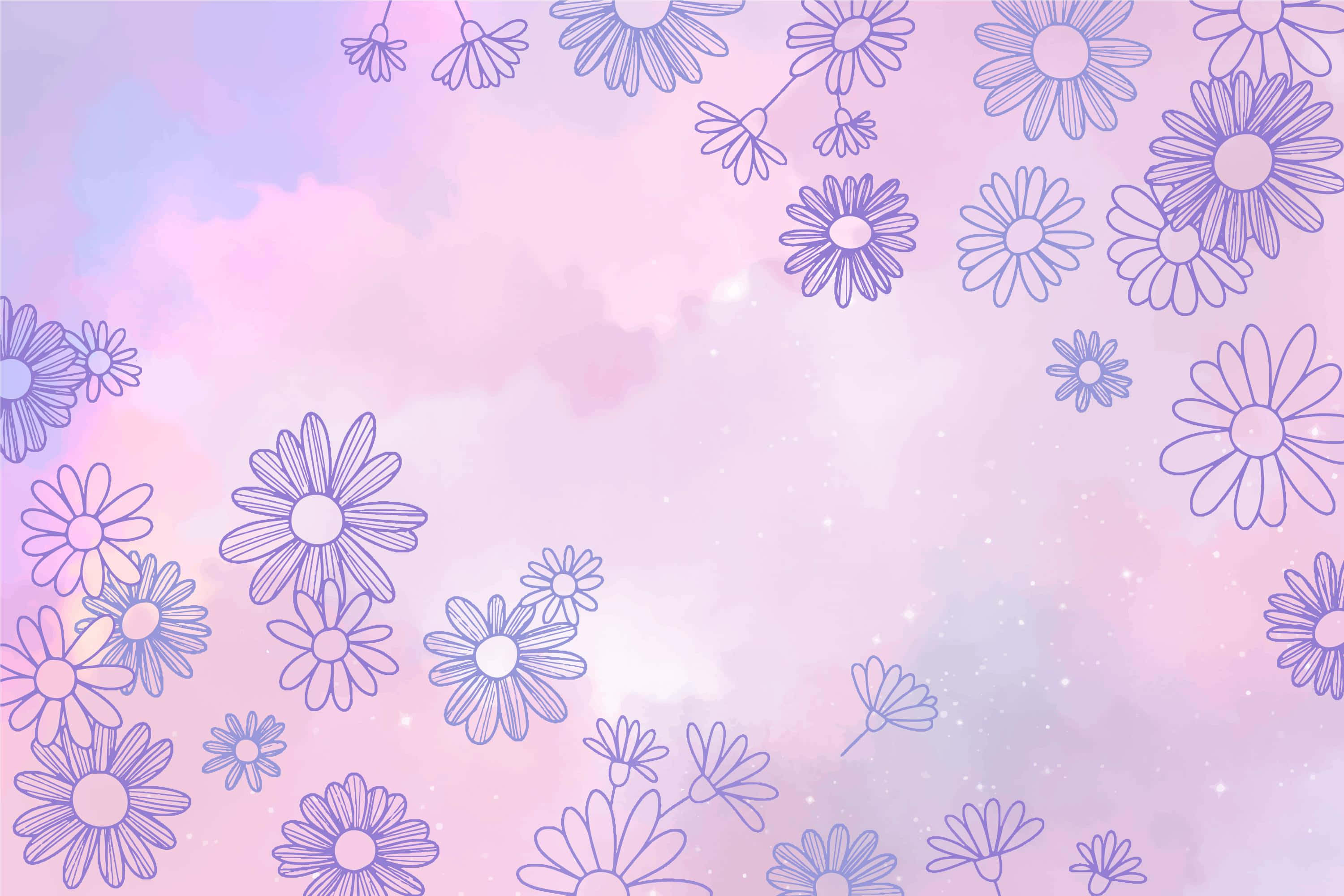 pastel pink, lavender watercolor background, delicate purple outlined daisies, 2K Desktop Wallpaper