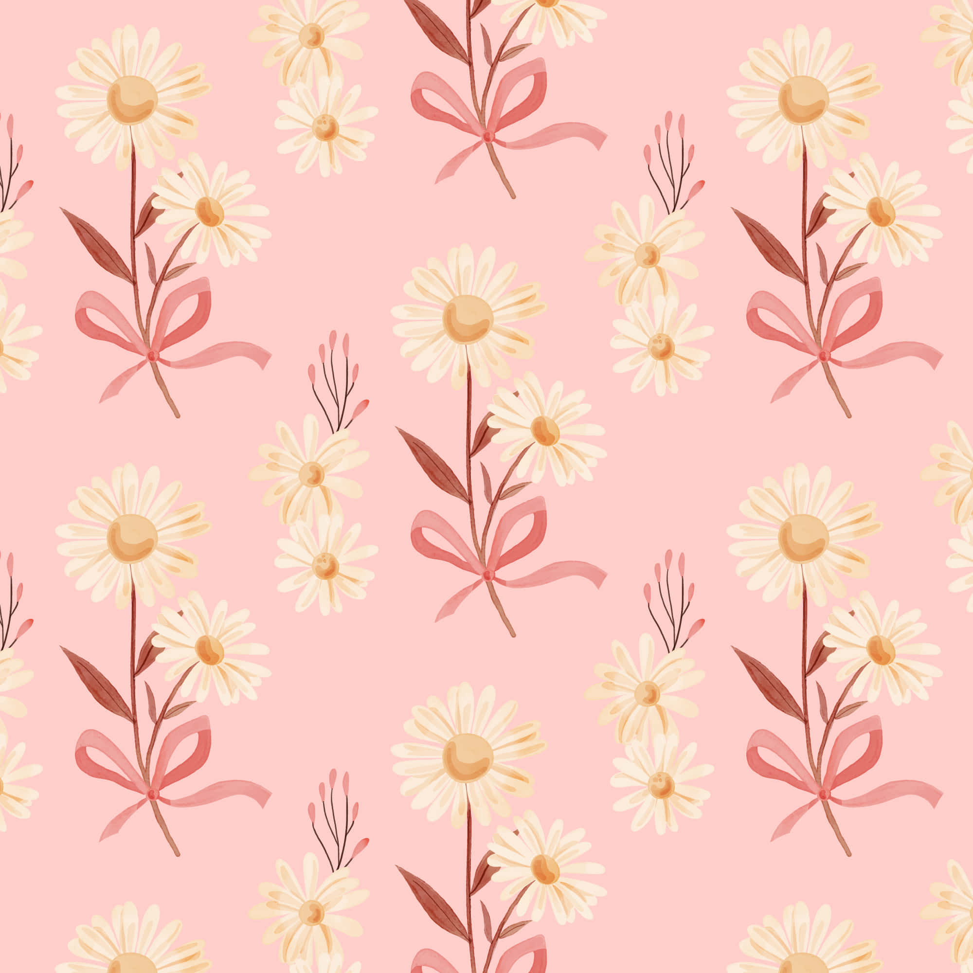 pastel pink daisy pattern, daisies tied with ribbons, delicate stems, Full HD Desktop Wallpaper