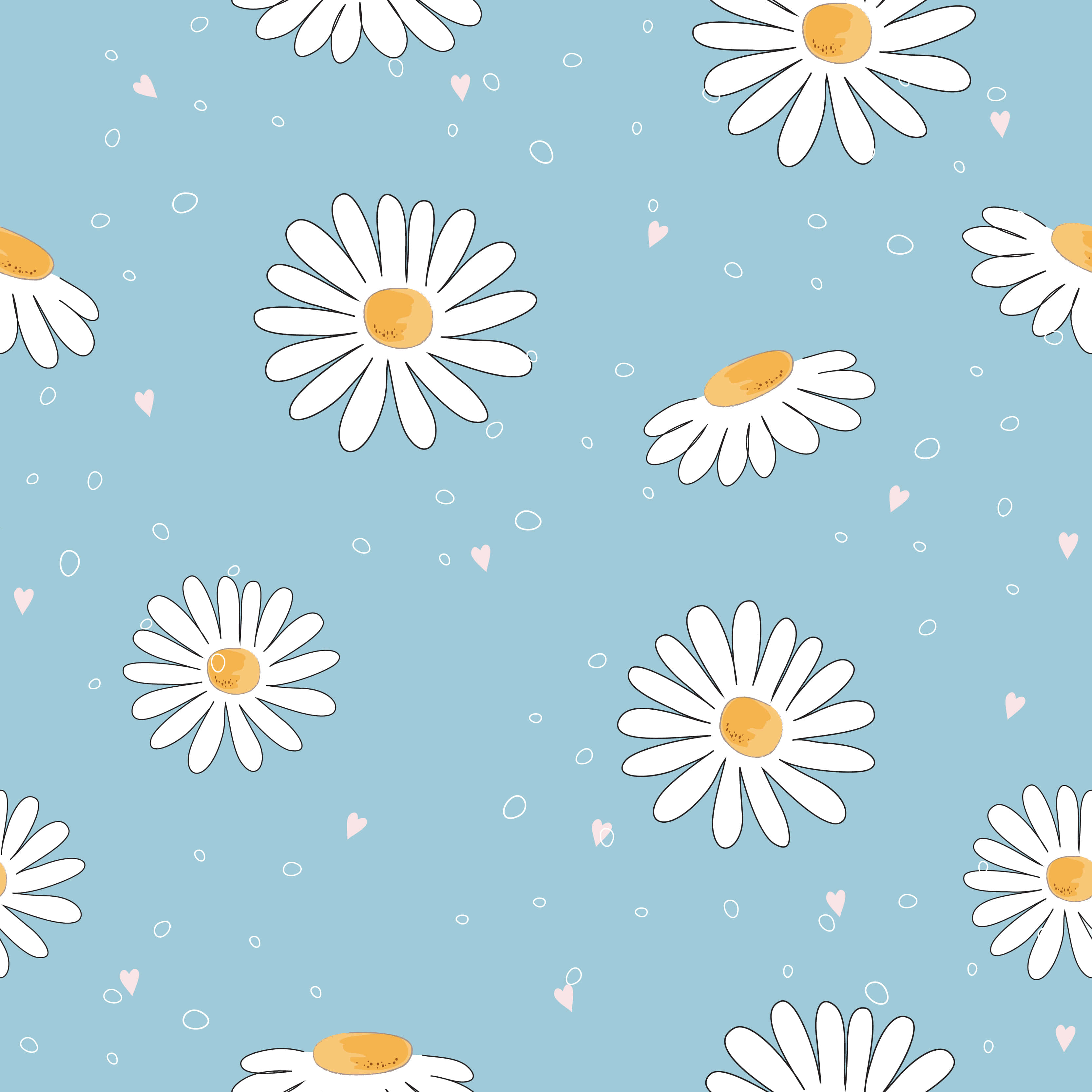 pastel blue, daisy pattern, white daisies, 2K Desktop Wallpaper