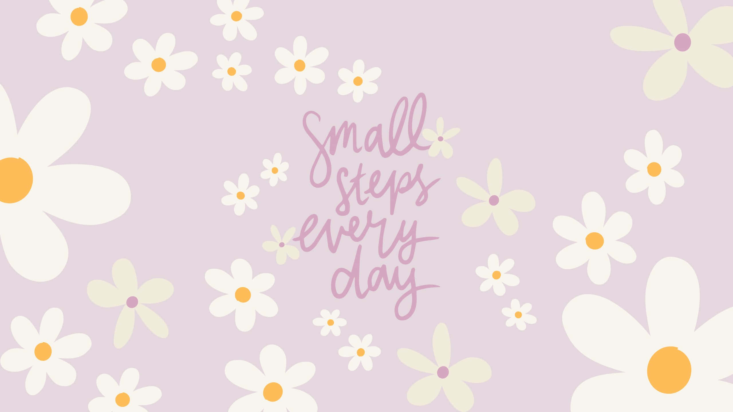 pastel pink background, white daisies, cursive text, 2K Desktop Wallpaper