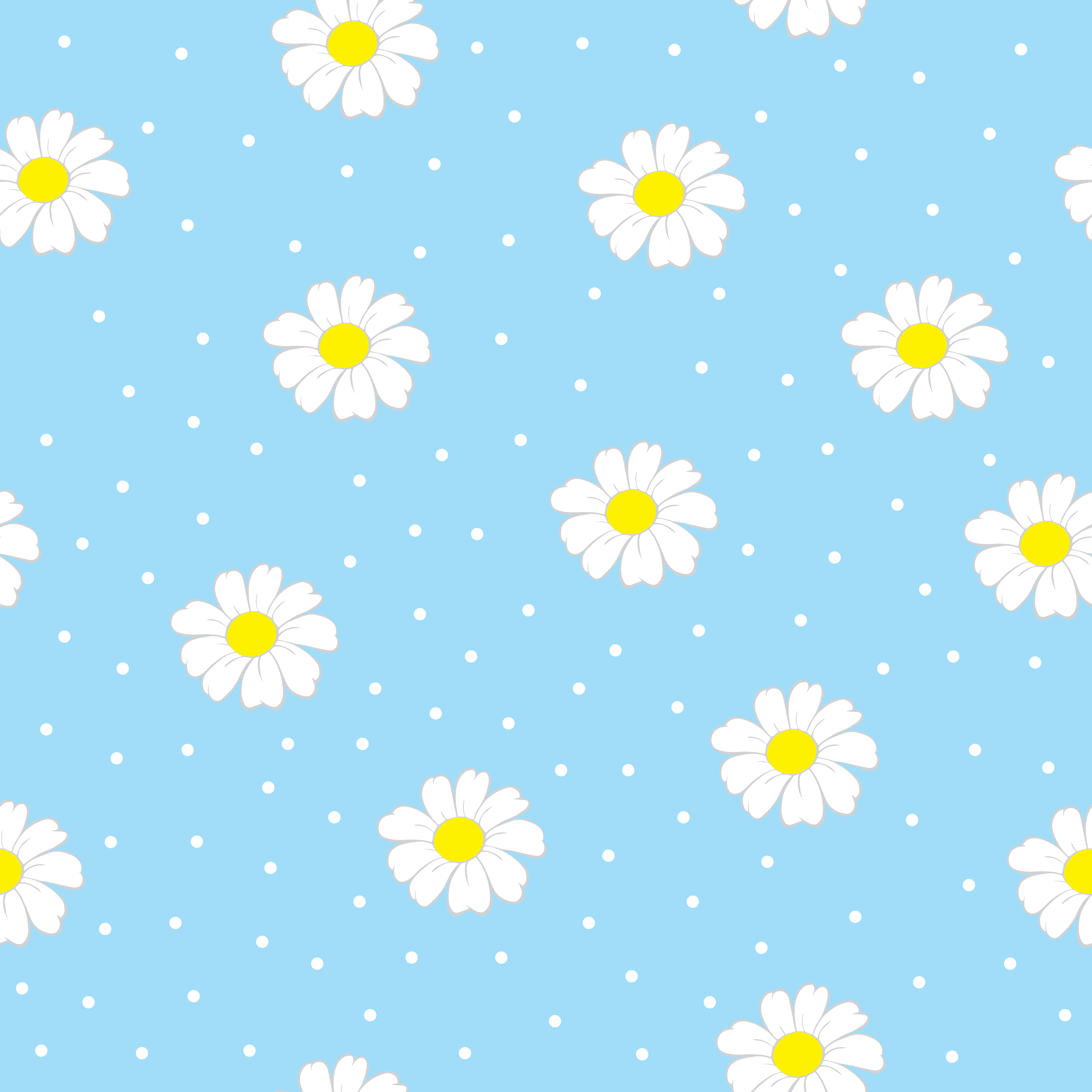 pastel blue daisy pattern, white daisies, yellow centers, 4K Desktop Wallpaper