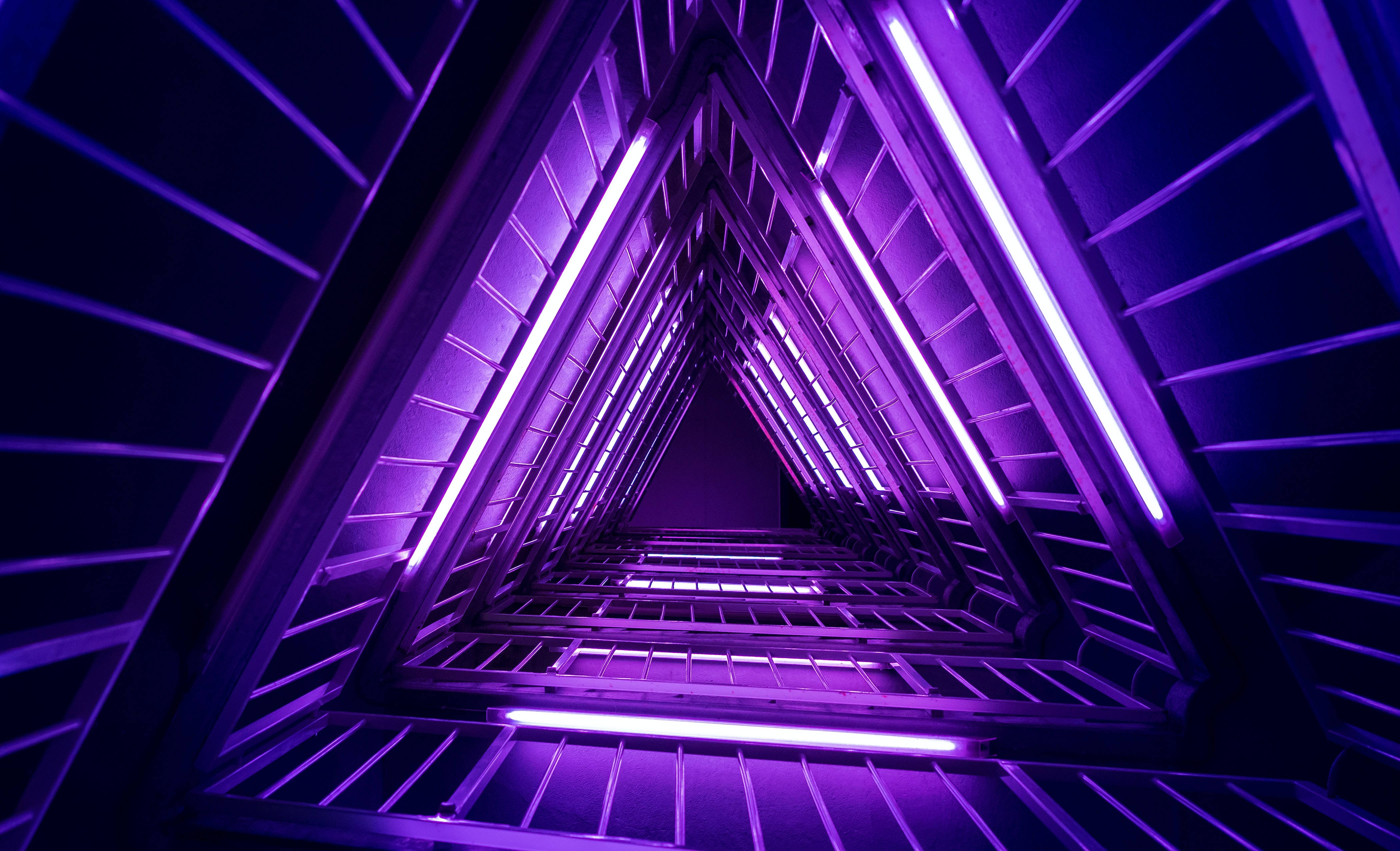 neon purple light, futuristic triangular tunnel, vibrant purple neon lights, 4K Desktop Wallpaper