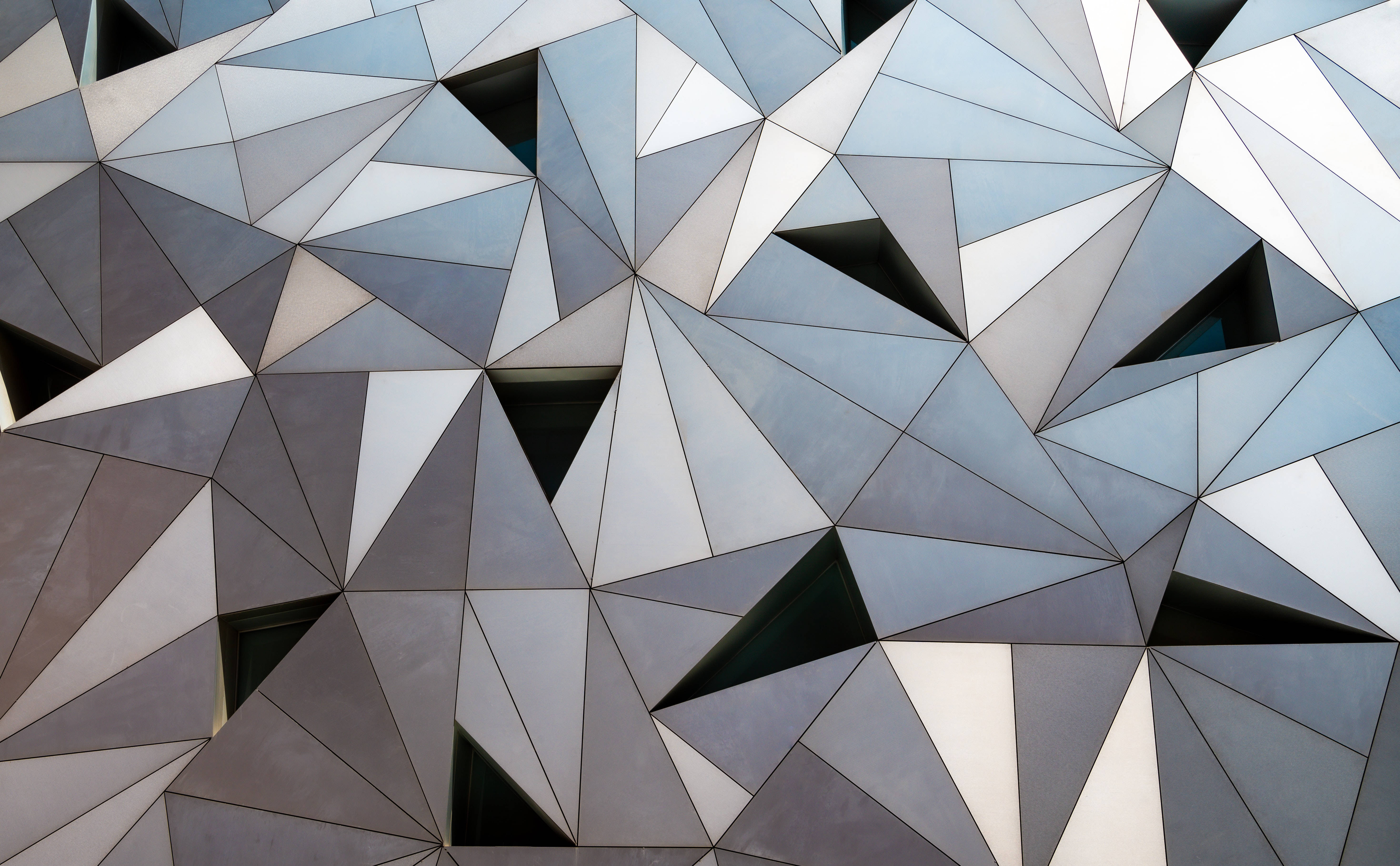 geometric facade, interlocking triangular panels, metallic silver gray, 5K Desktop Wallpaper