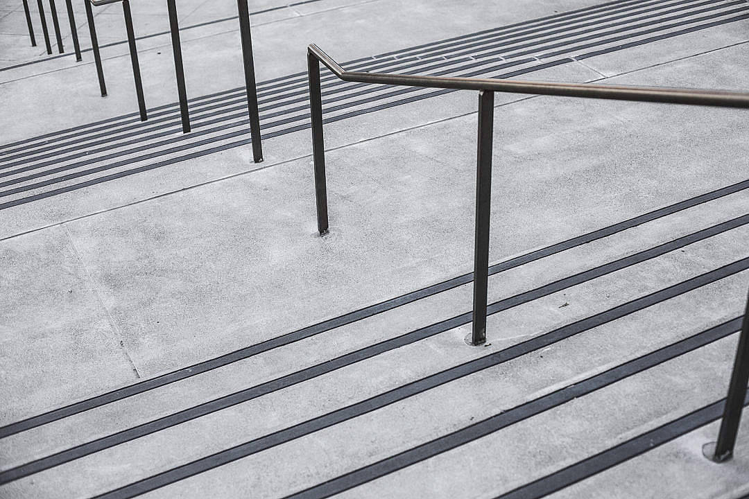 minimalist aesthetic desktop outdoor staircase, modern concrete stairs, sleek metal railings, SD Desktop Wallpaper
