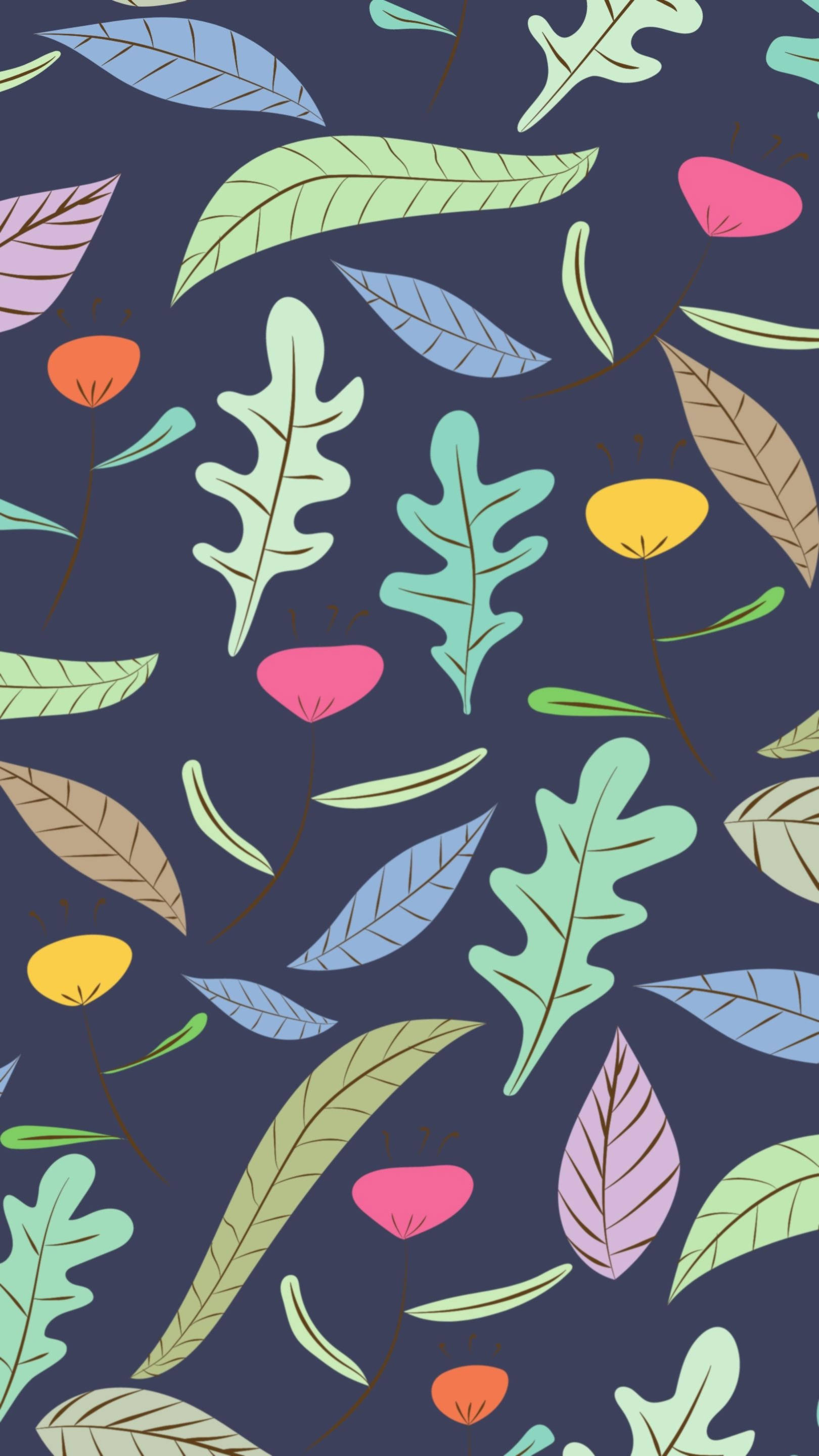 spring leaves aesthetic pattern, pastel hues, dark navy background, 2K Phone Wallpaper