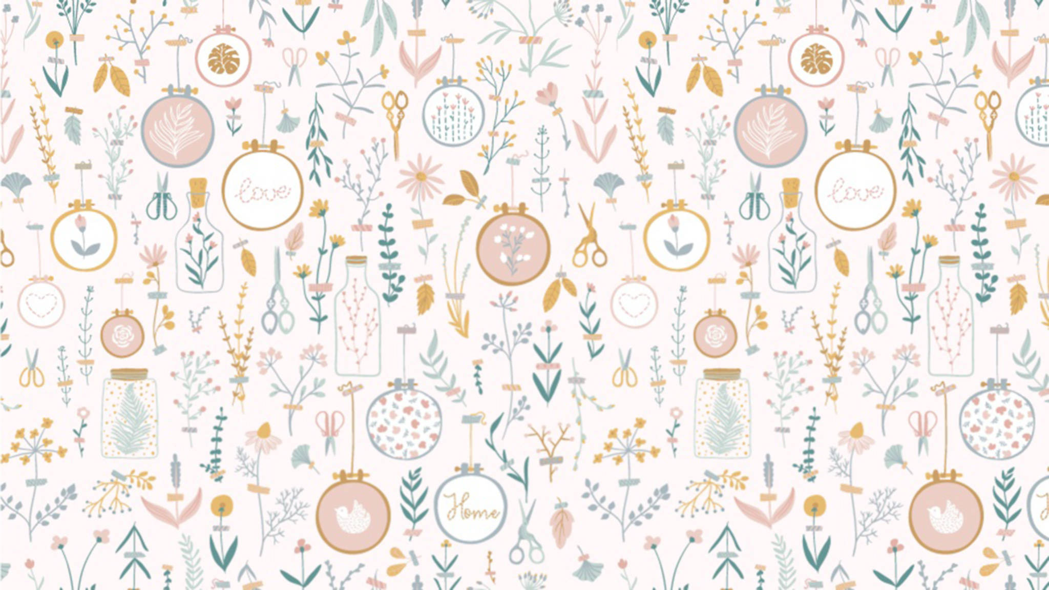 hand drawn aesthetic pattern, embroidered hoops, scissors, Full HD Desktop Wallpaper