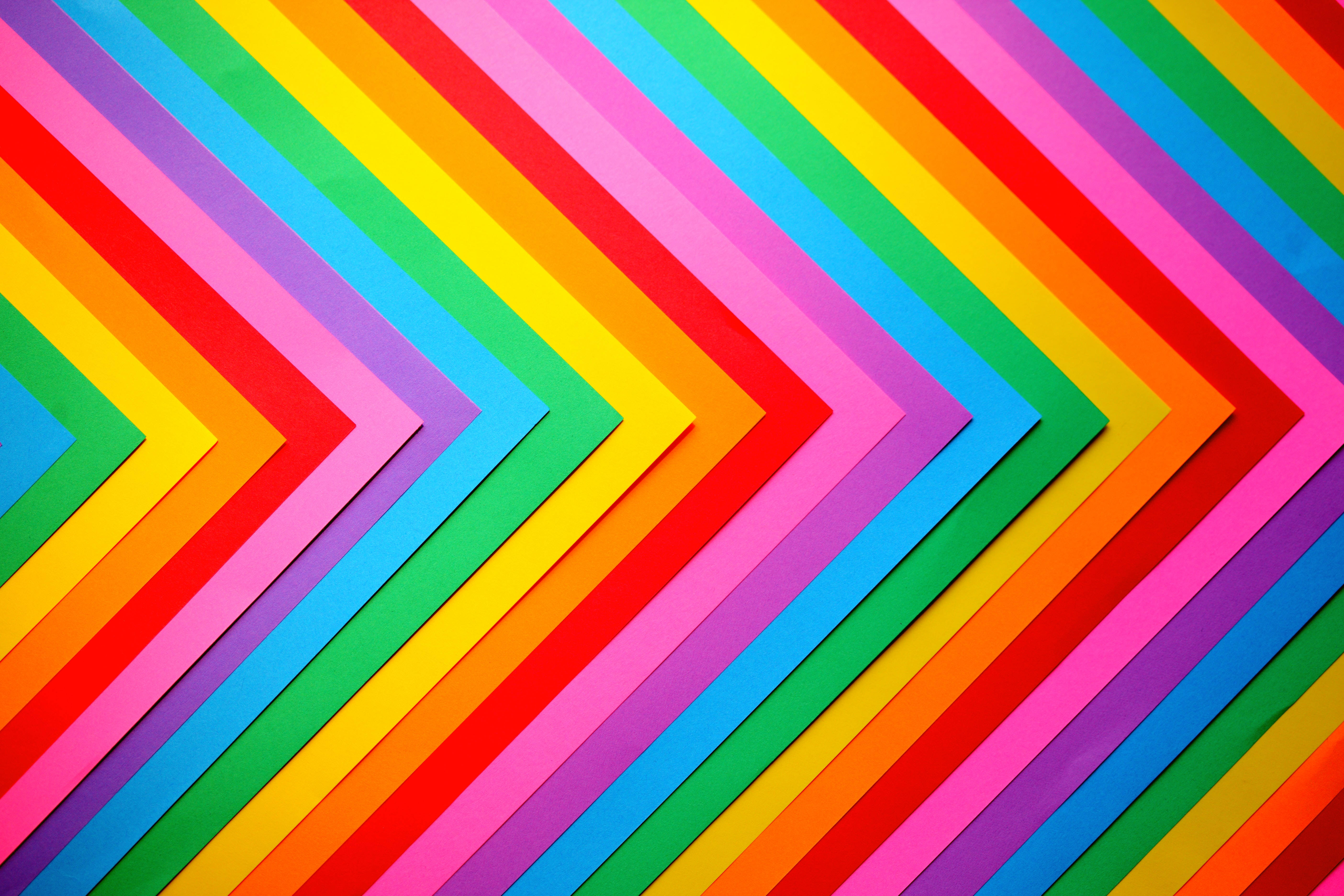 colorful papers, rainbow-colored paper strips, chevron patterns, 5K Desktop Wallpaper
