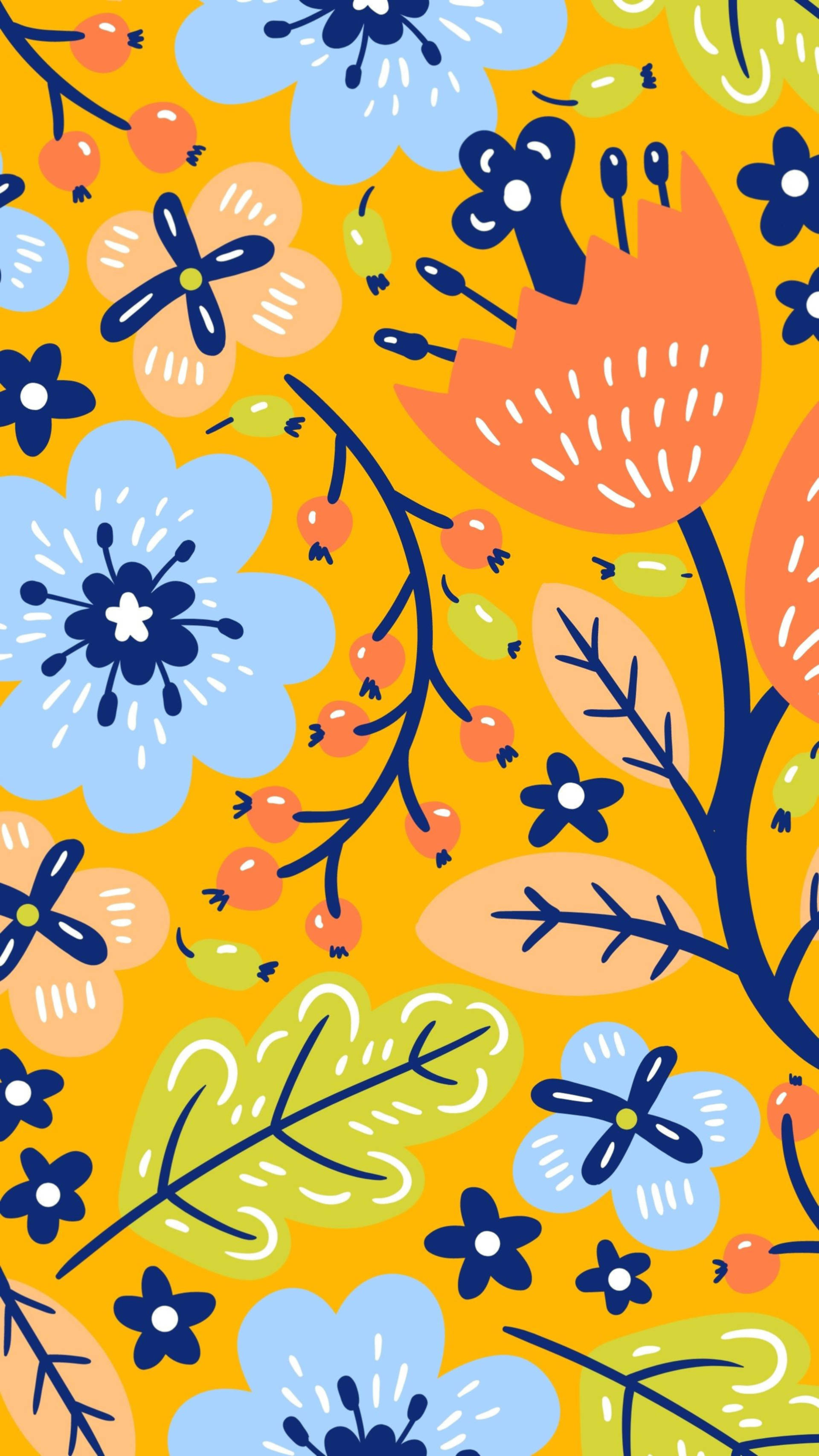 watercolor plant aesthetic pattern, floral pattern, blue, 2K Phone Wallpaper