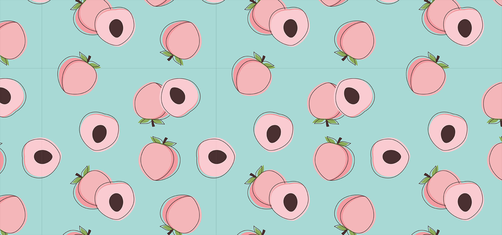 pink peaches, green stems, mint green background, Full HD Desktop Wallpaper