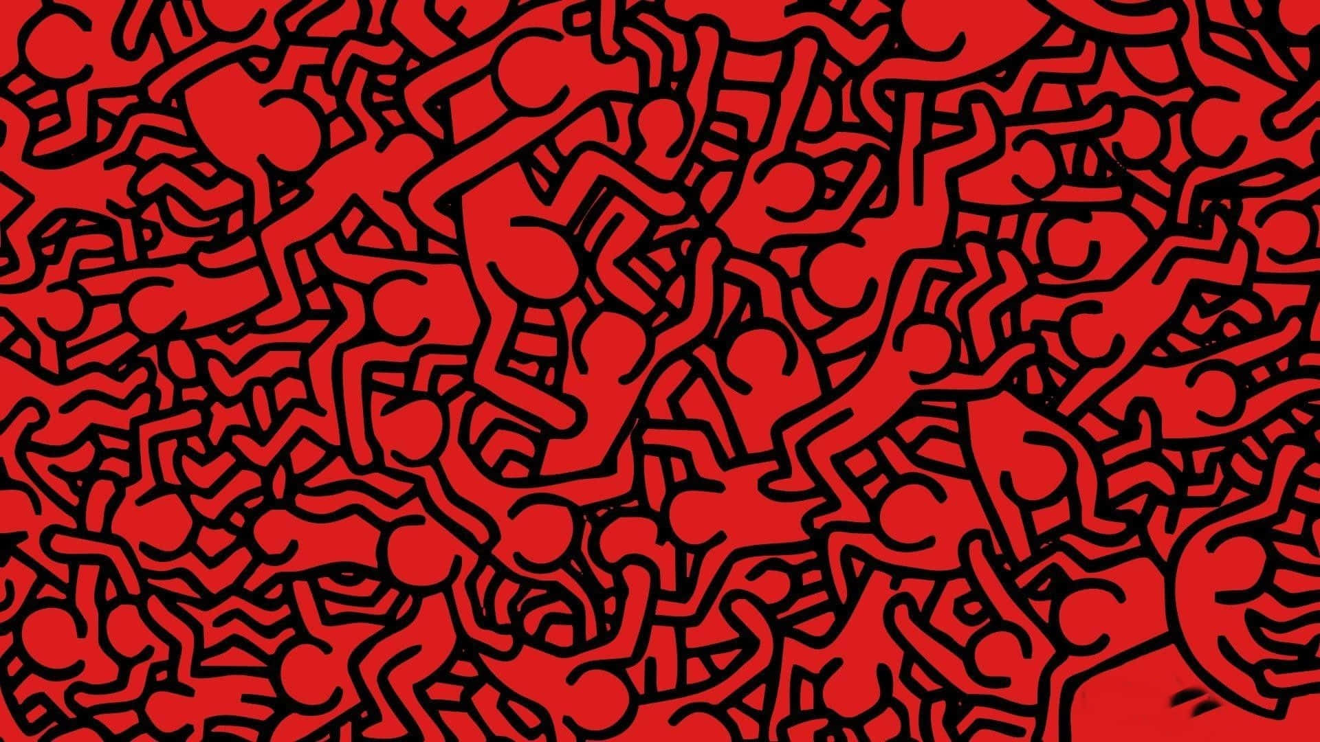 Aesthetic Red PC, vibrant red background, black outlined stick figures, Full HD Desktop Wallpaper