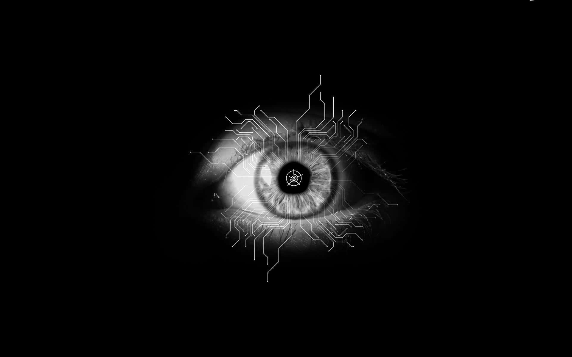 human eye, glowing circuitry, black background, Full HD Desktop Wallpaper