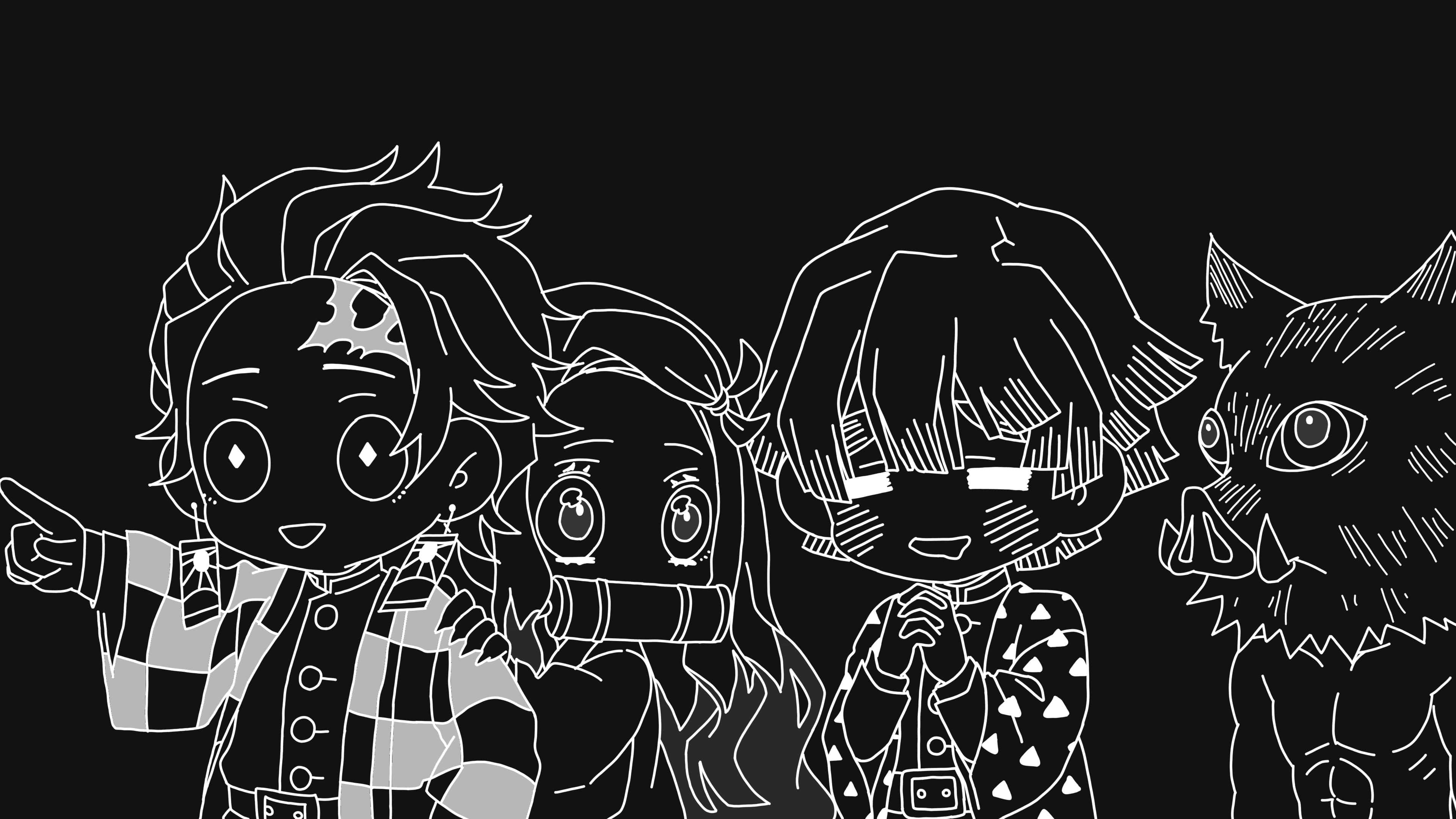 Black and White Inspired Aesthetic PC, chibi anime characters, wolf-like creature, 4K Desktop Wallpaper