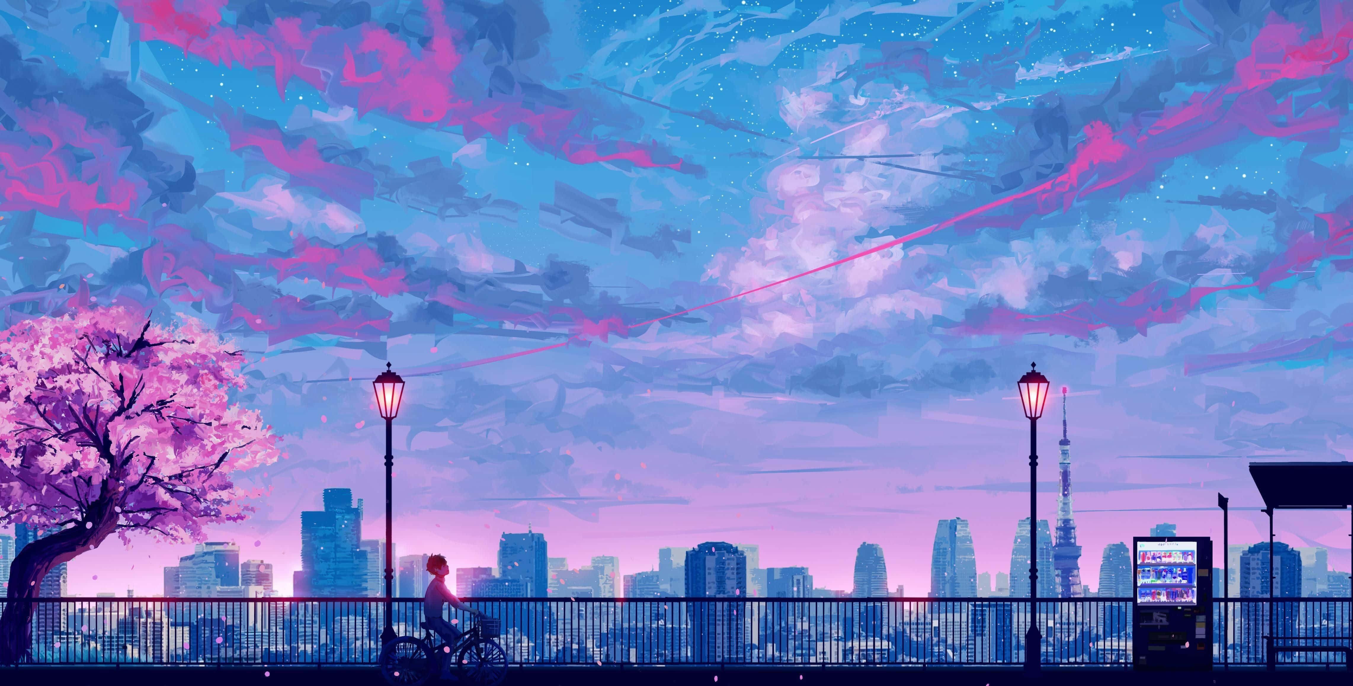 vibrant pink and blue twilight sky, glowing cityscape, lone cyclist, 4K Desktop Wallpaper
