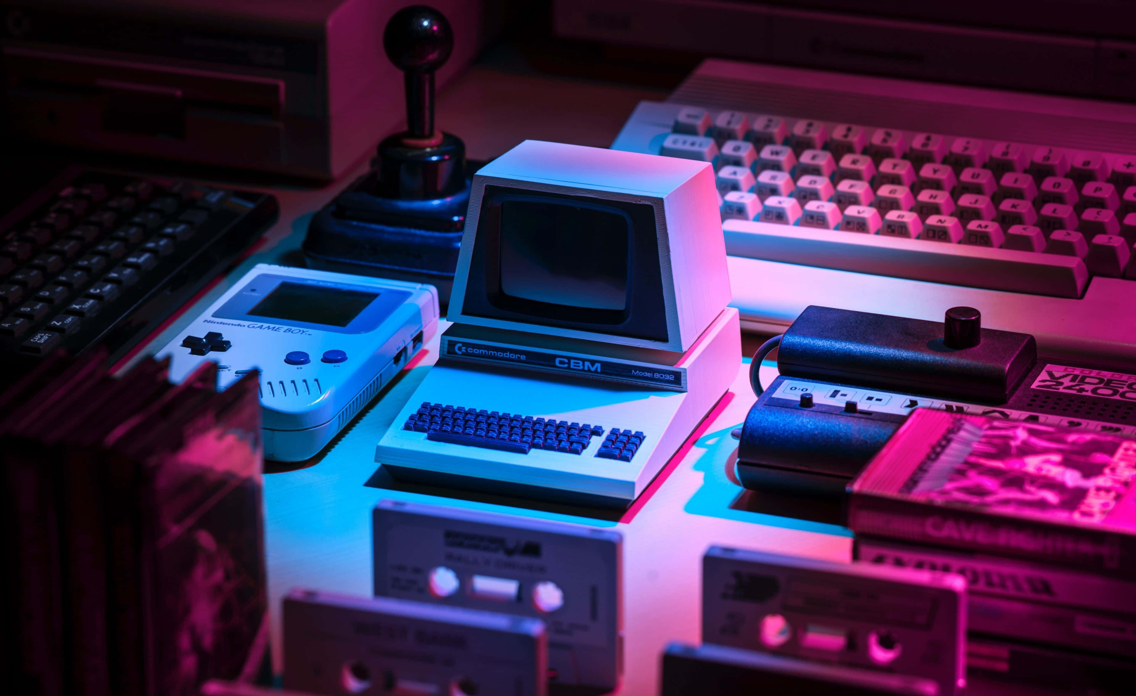 retro gaming setup, neon pink, neon blue, 4K Desktop Wallpaper