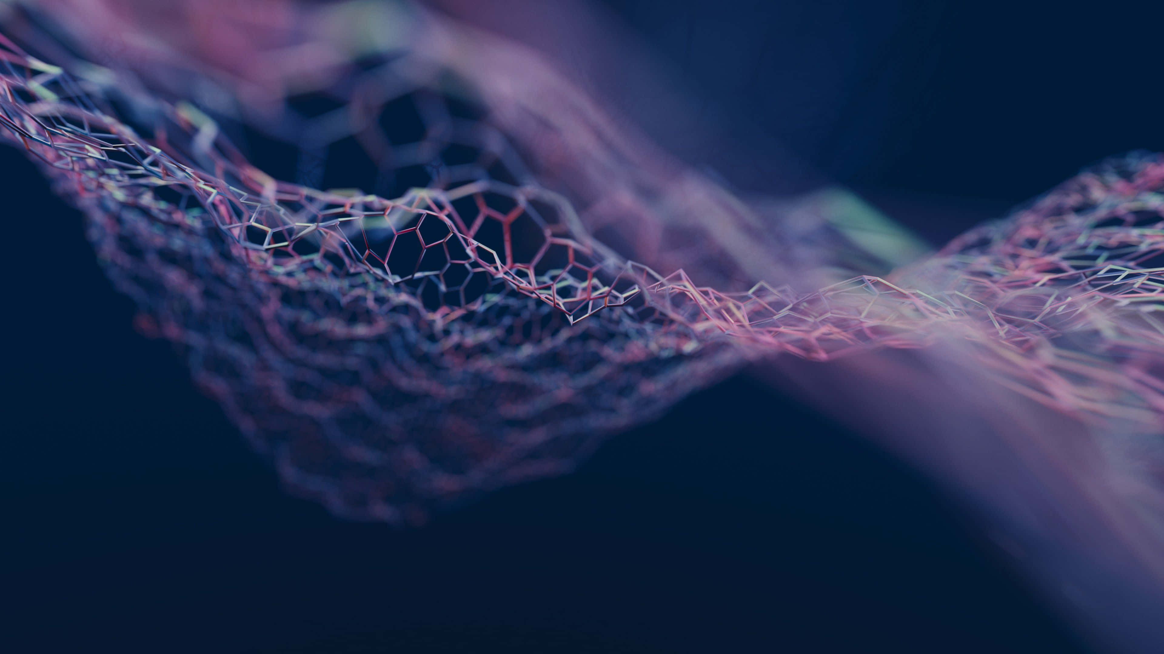 glowing hexagonal mesh ribbon, deep blue background, soft pink and purple highlights, 4K Desktop Wallpaper